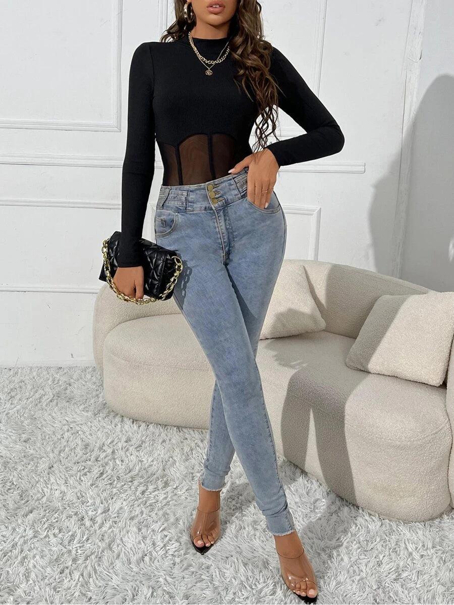 Mock Neck Mesh Panel Bodysuit-Comfy Jumpsuits