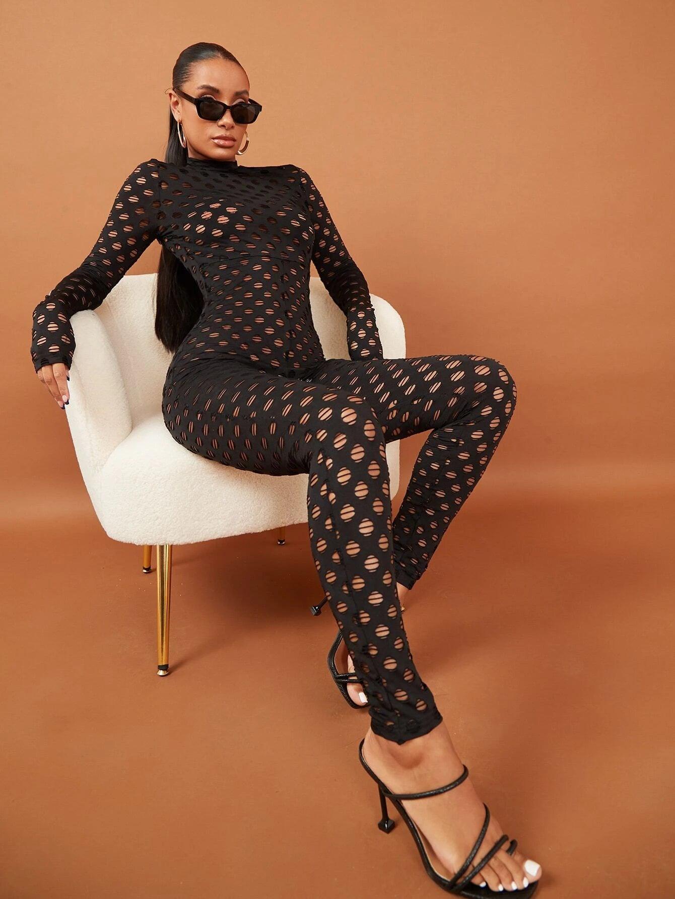 Stand Collar All Over Cut Out Design Jumpsuit-Comfy Jumpsuits