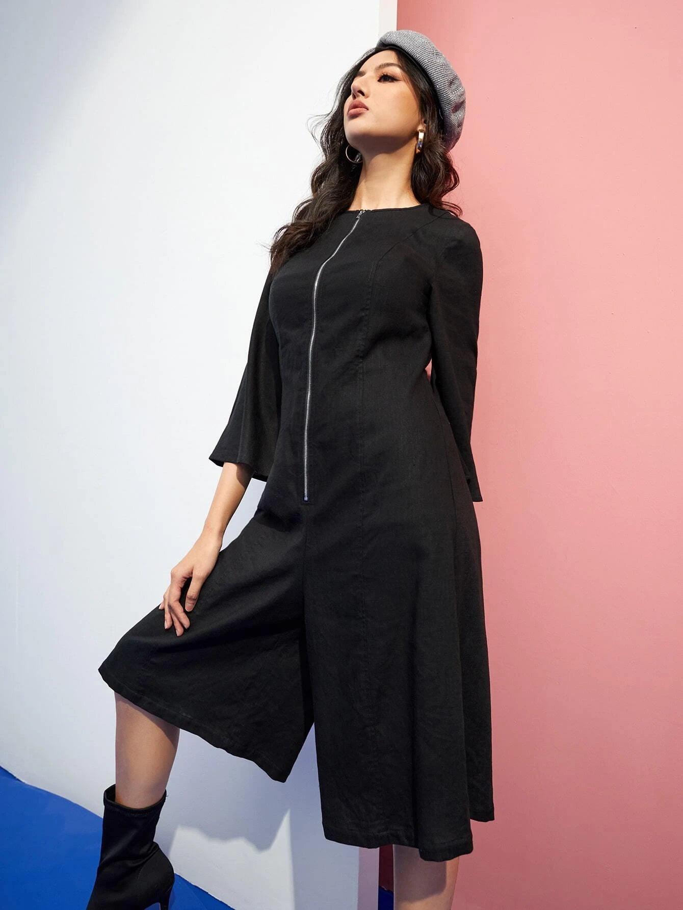 Goose Half Zipper Wide Leg Jumpsuit-Comfy Jumpsuits