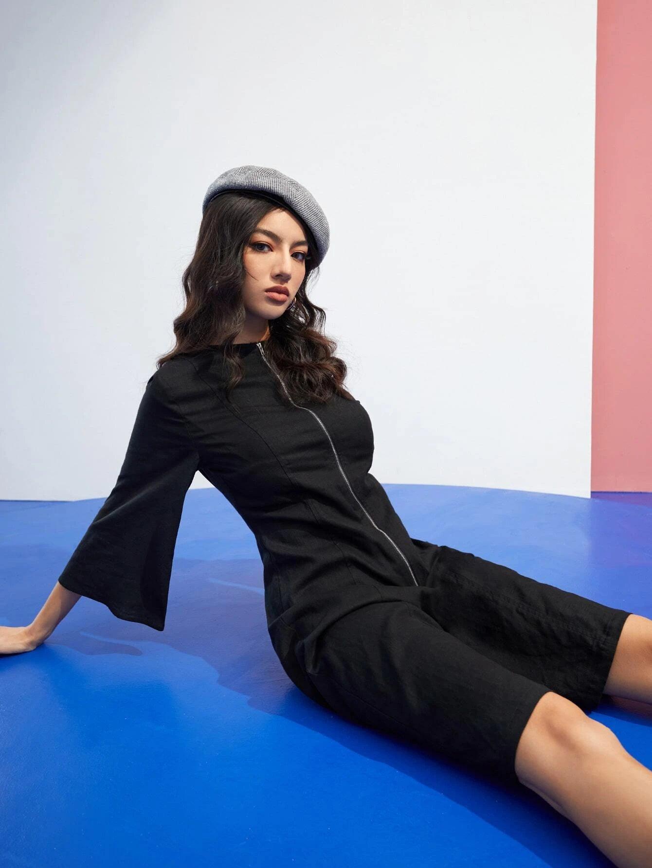 Goose Half Zipper Wide Leg Jumpsuit-Comfy Jumpsuits