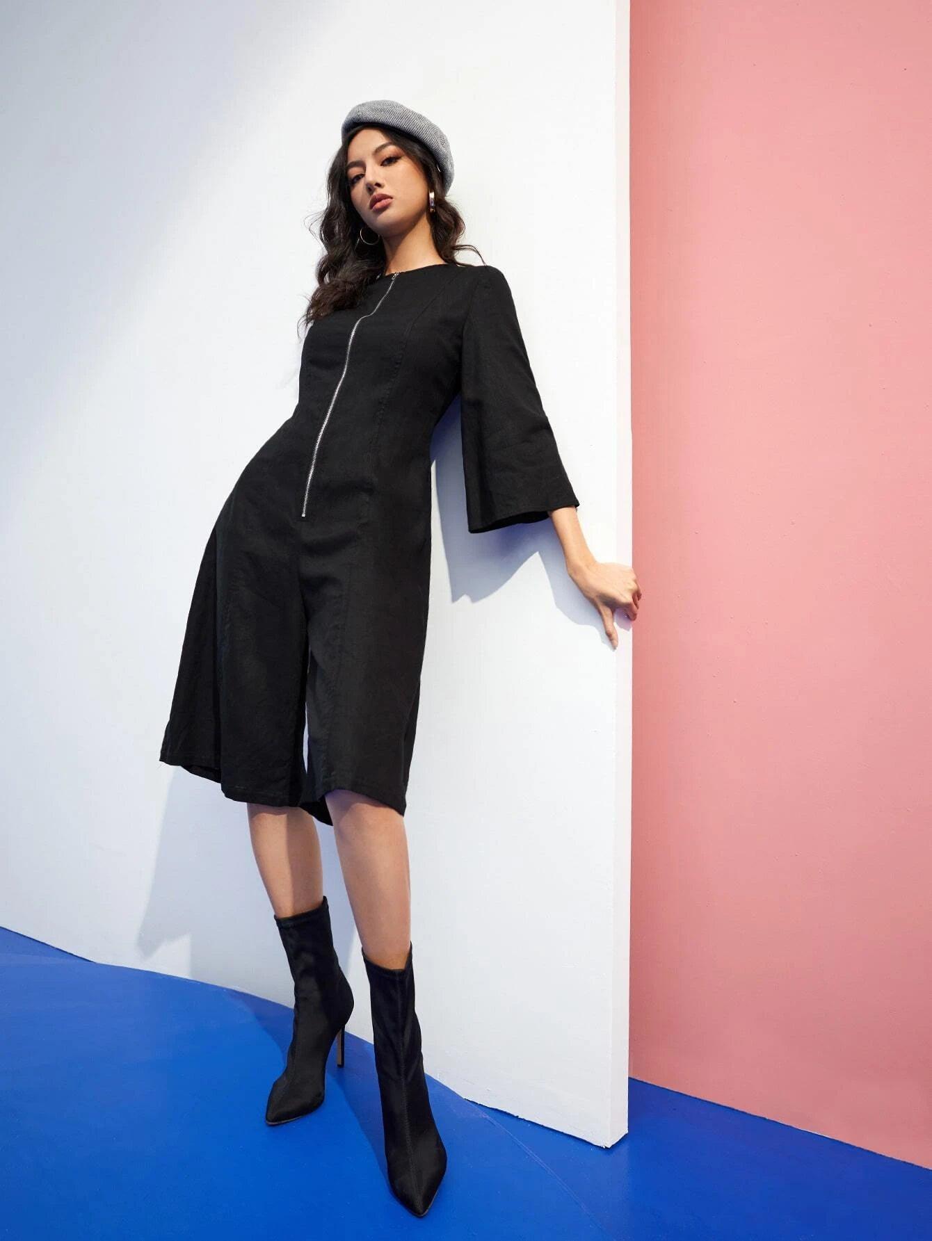 Goose Half Zipper Wide Leg Jumpsuit-Comfy Jumpsuits