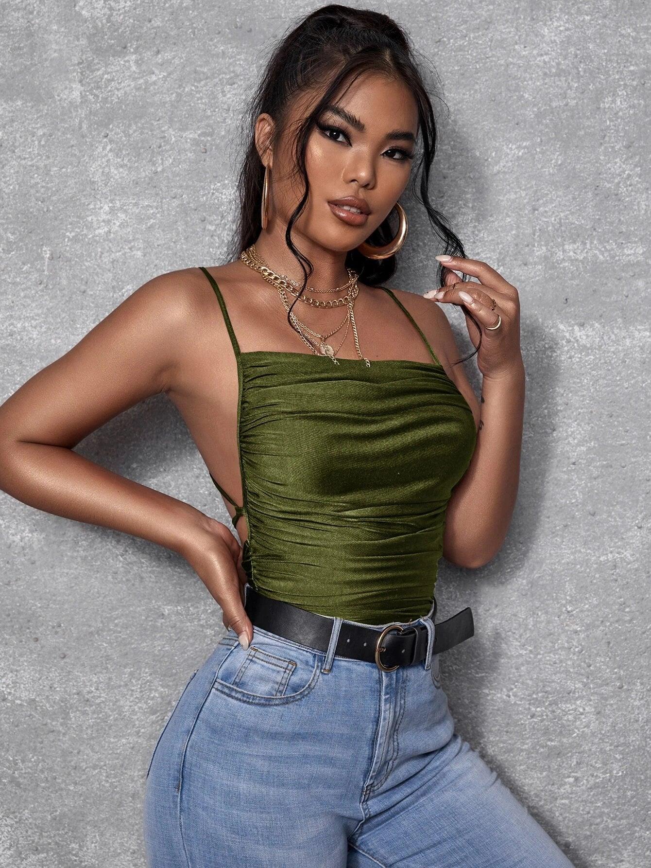 Ruched Lace Up Backless Cami Bodysuit-Comfy Jumpsuits