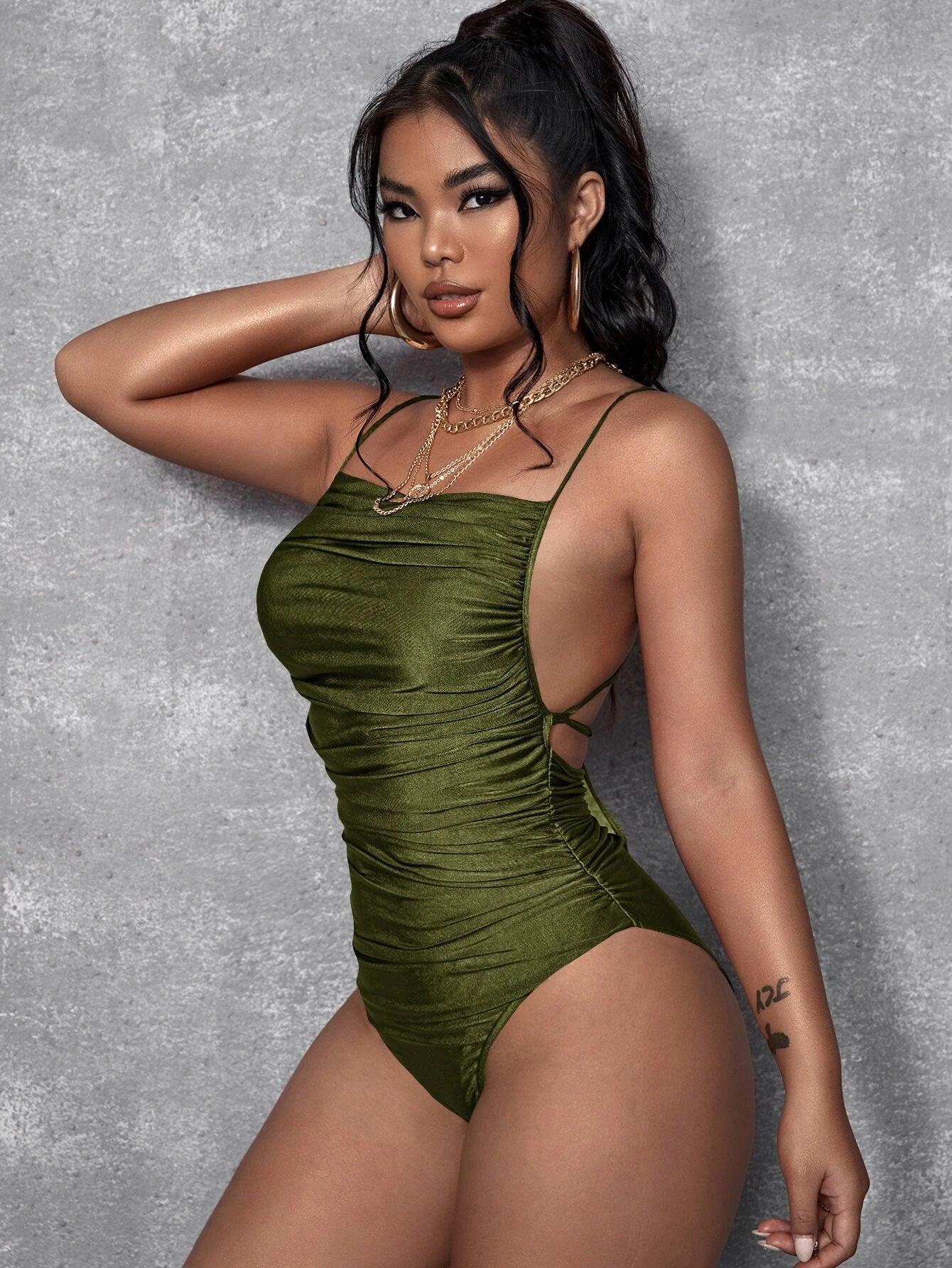 Ruched Lace Up Backless Cami Bodysuit-Comfy Jumpsuits