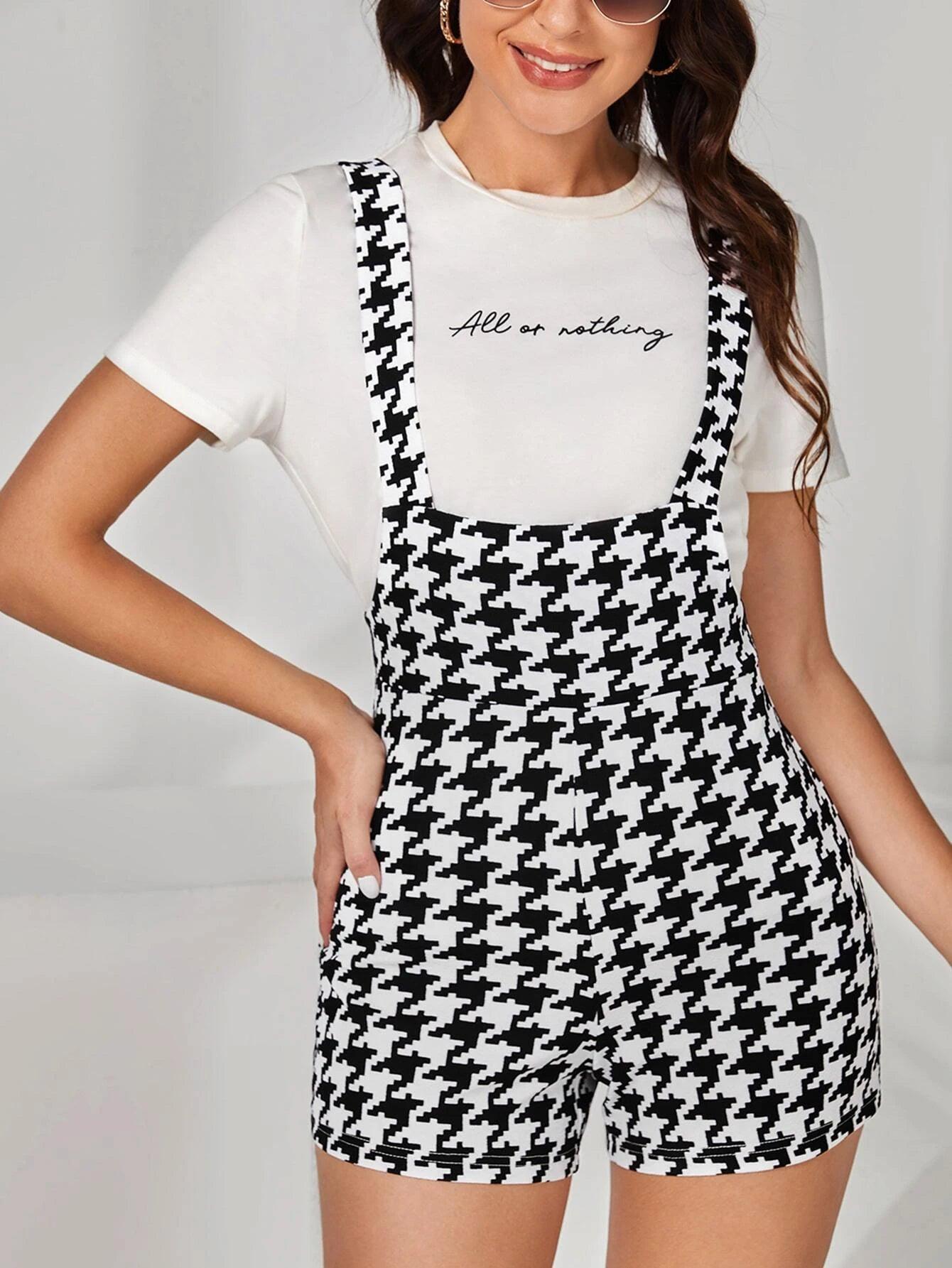 Houndstooth Print Romper Without Tee-Comfy Jumpsuits