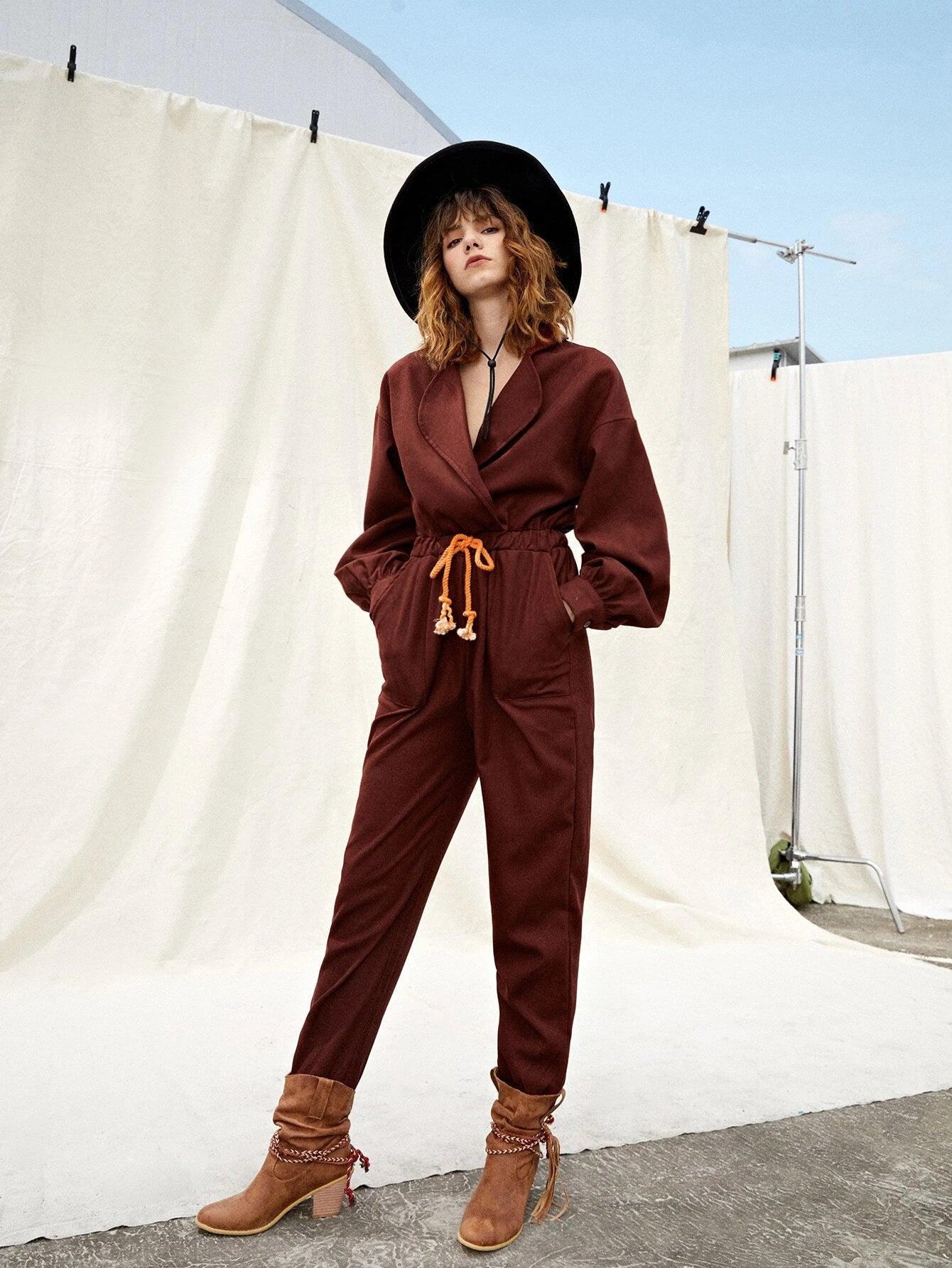 Drop Shoulder Drawstring Waist Jumpsuit-Comfy Jumpsuits