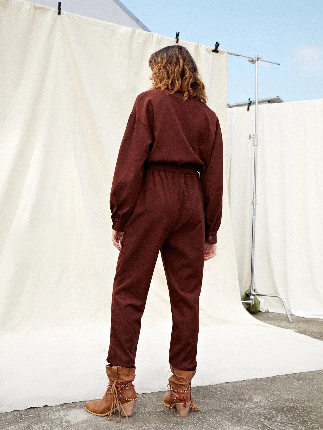 Drop Shoulder Drawstring Waist Jumpsuit-Comfy Jumpsuits