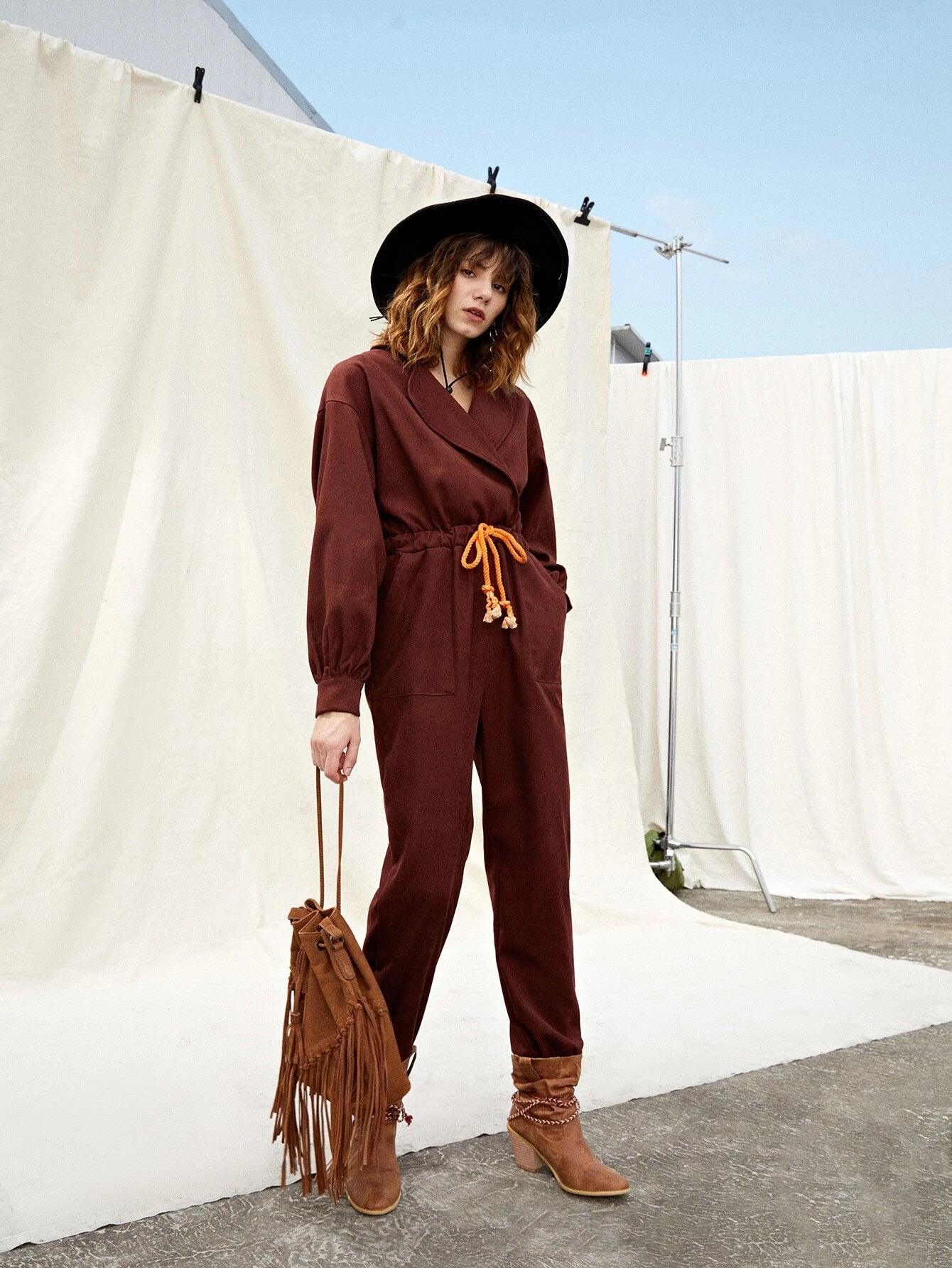 Drop Shoulder Drawstring Waist Jumpsuit-Comfy Jumpsuits