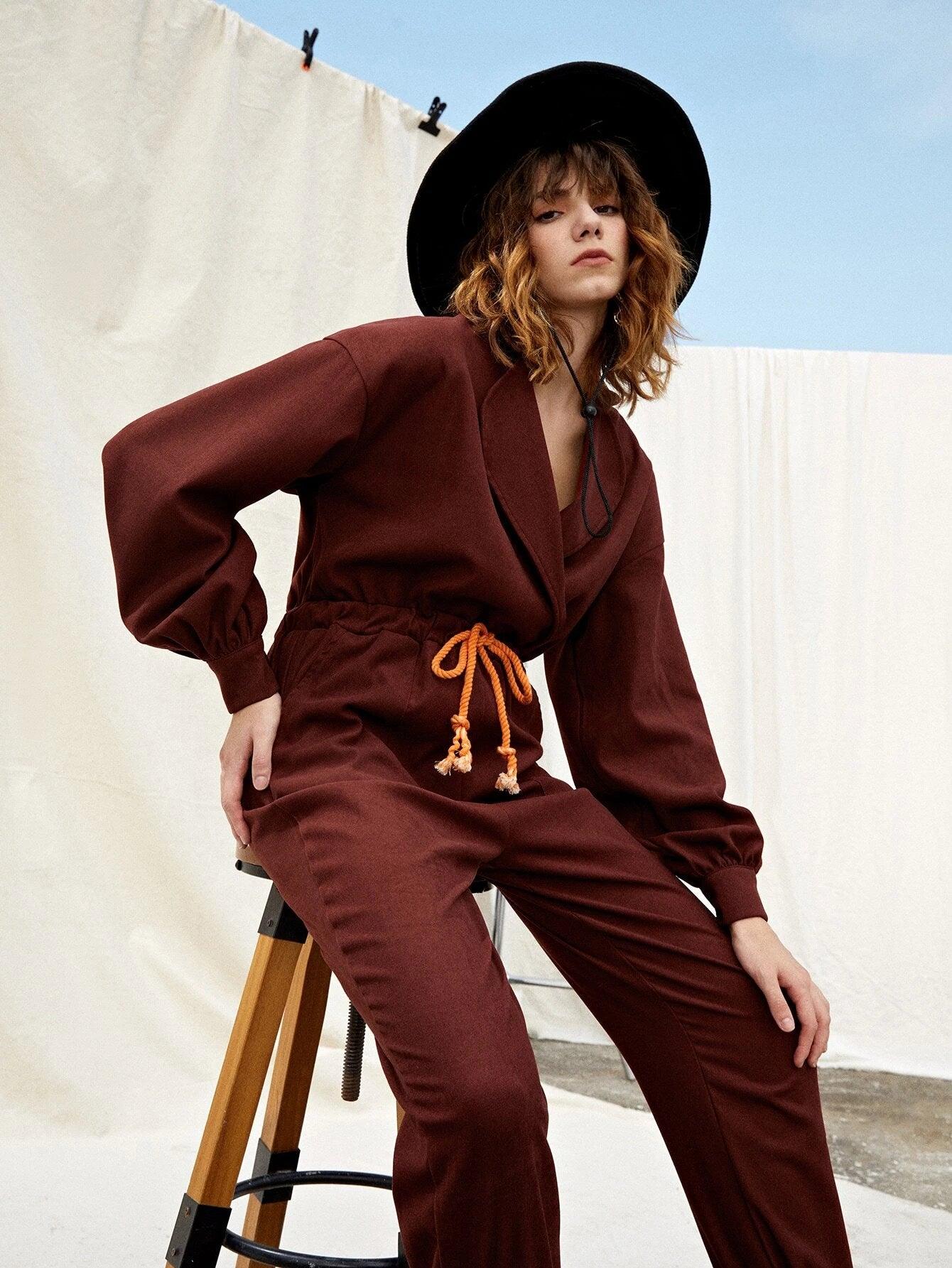 Drop Shoulder Drawstring Waist Jumpsuit-Comfy Jumpsuits