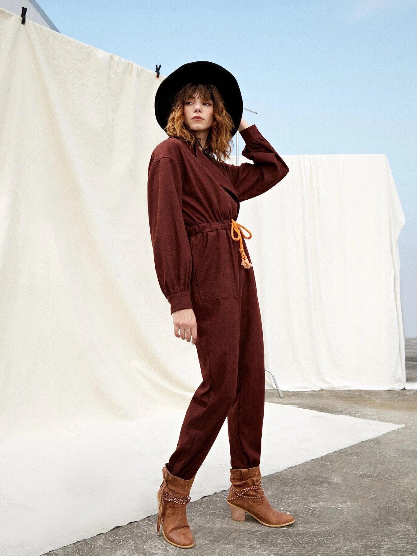 Drop Shoulder Drawstring Waist Jumpsuit-Comfy Jumpsuits