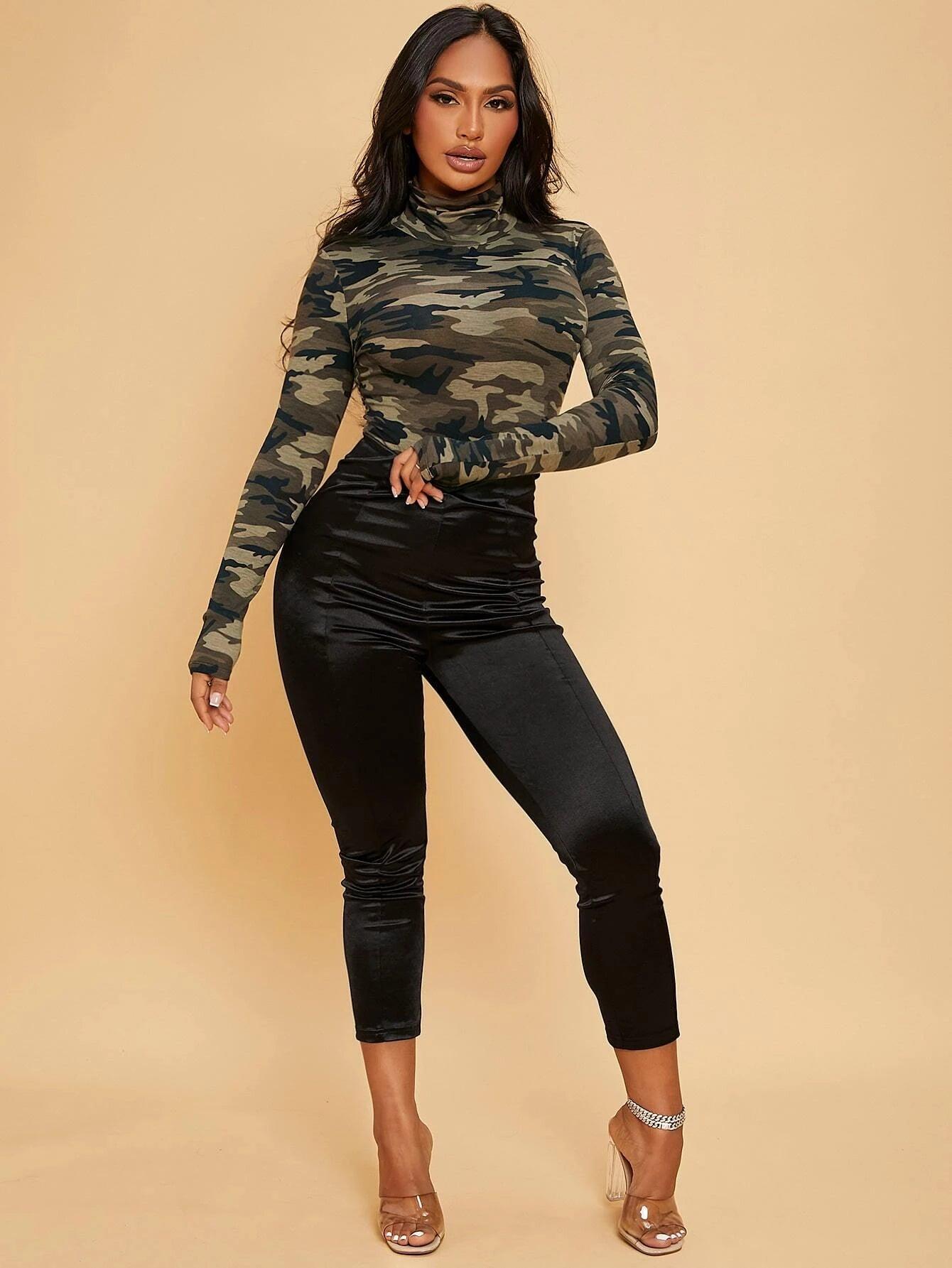 Camo Print High Neck Bodysuit-Comfy Jumpsuits