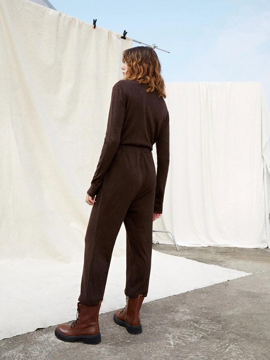 Button Front Contrast Panel Shirt Jumpsuit-Comfy Jumpsuits