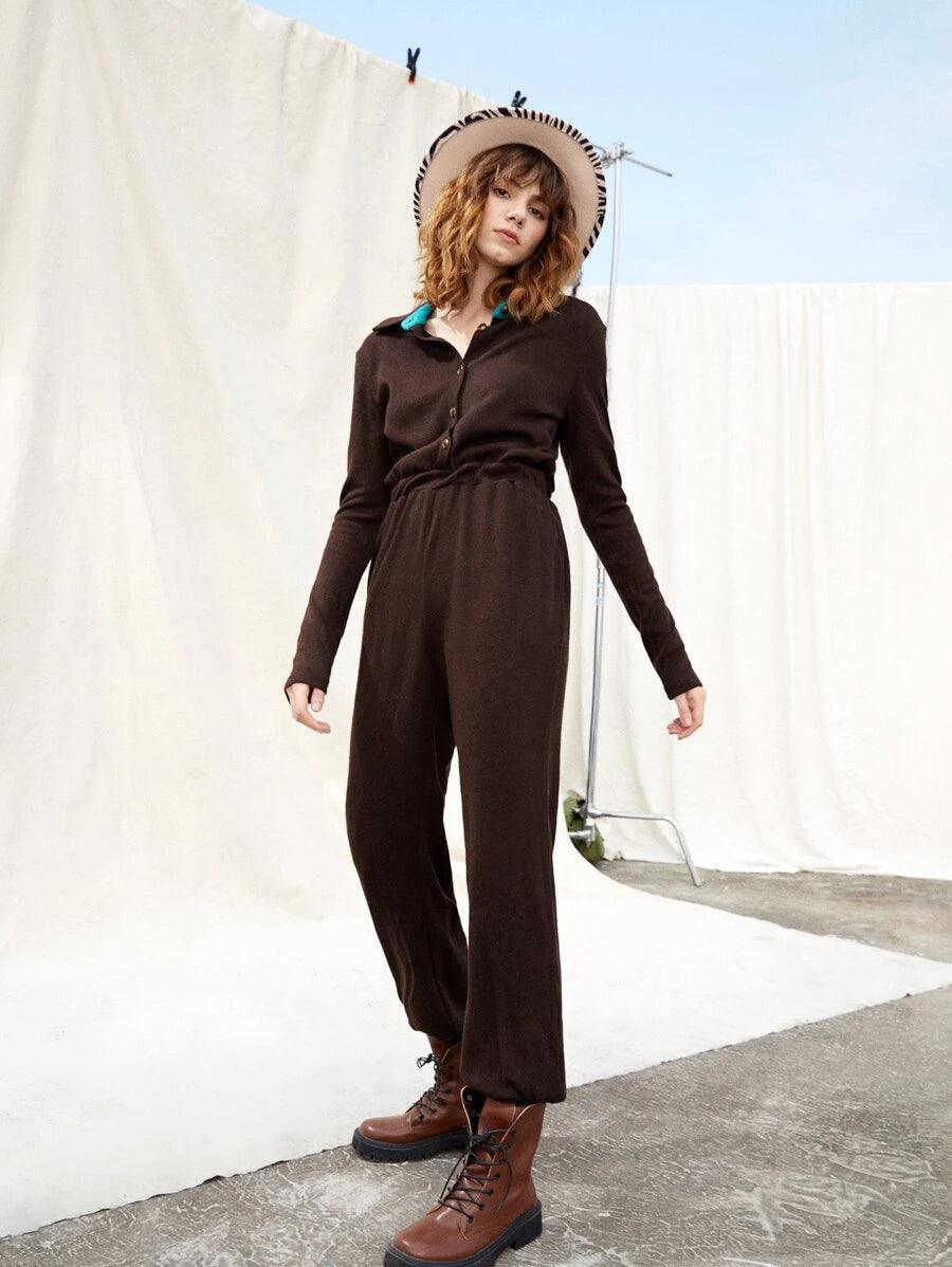 Button Front Contrast Panel Shirt Jumpsuit-Comfy Jumpsuits
