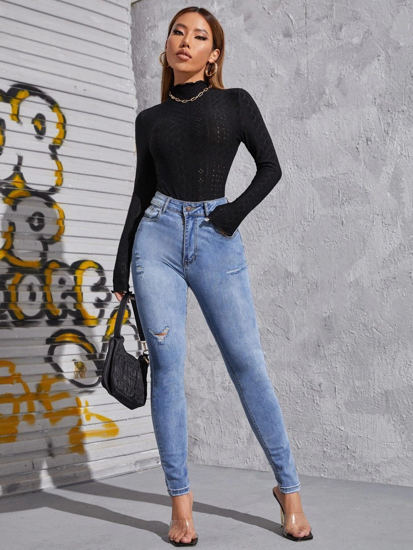 Stand Collar Neckline Lettuce Trim Bodysuit-Comfy Jumpsuits