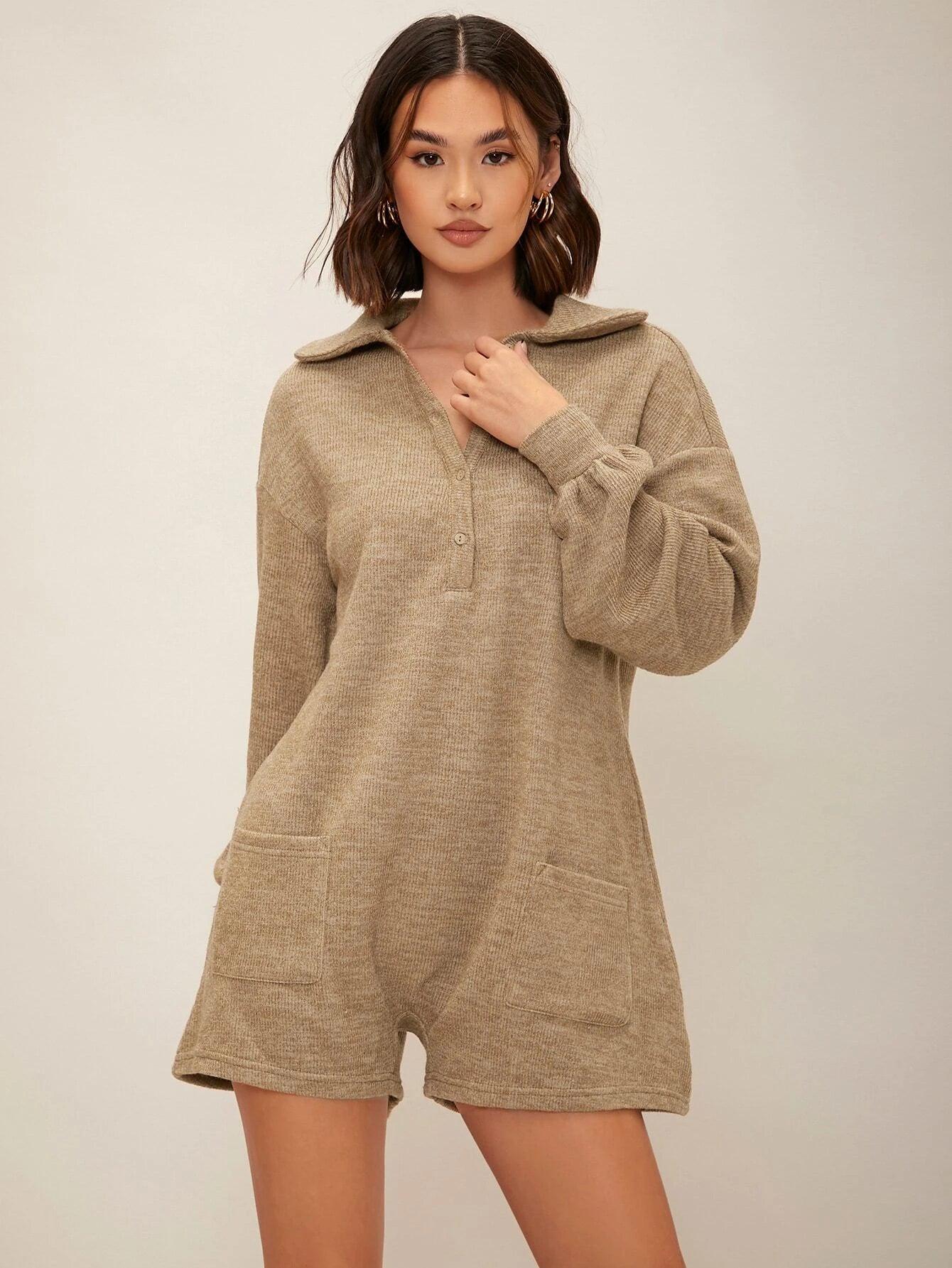 Sleeve Pocket Front Button Half Placket Romper-Comfy Jumpsuits