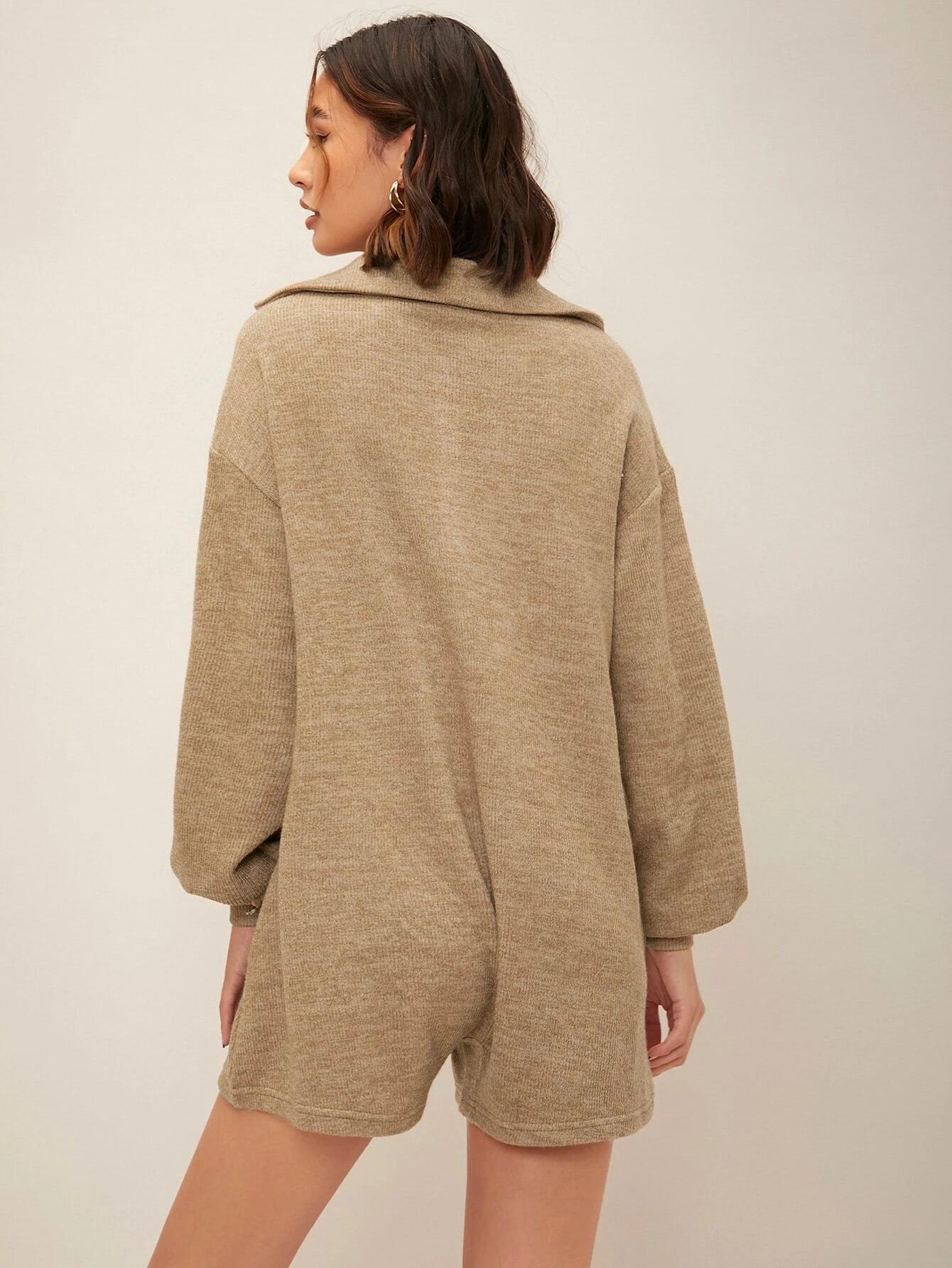 Sleeve Pocket Front Button Half Placket Romper-Comfy Jumpsuits