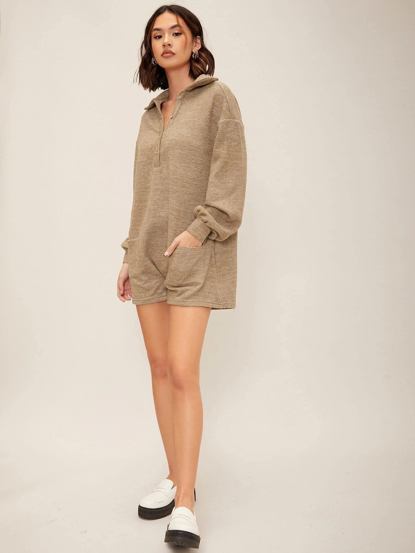 Sleeve Pocket Front Button Half Placket Romper-Comfy Jumpsuits