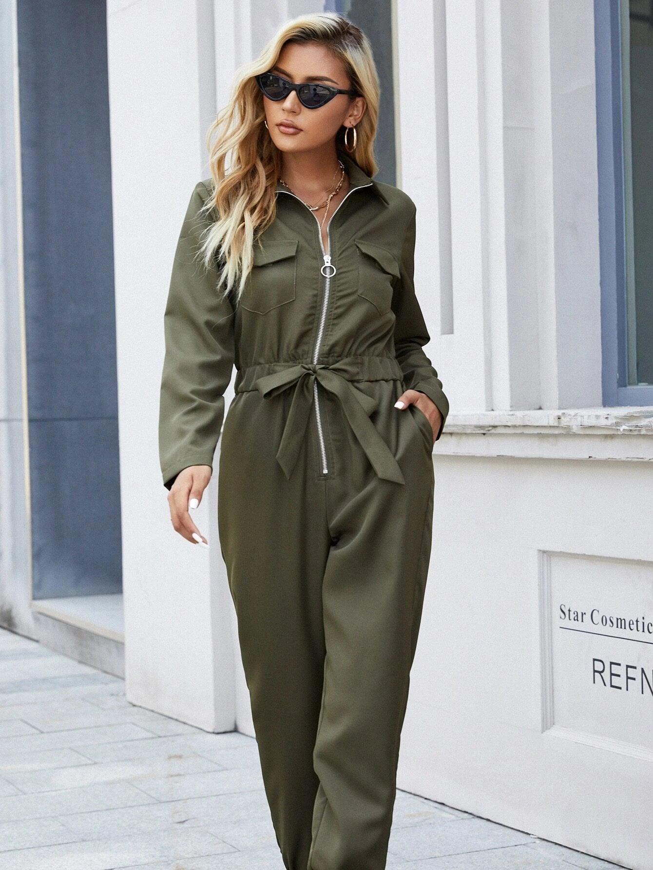 Zip Front Belted Jumpsuit-Comfy Jumpsuits