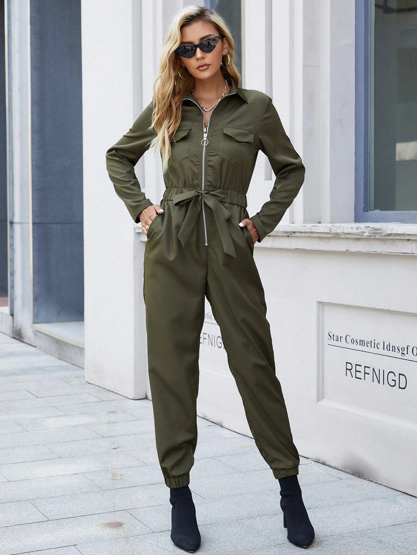 Zip Front Belted Jumpsuit-Comfy Jumpsuits