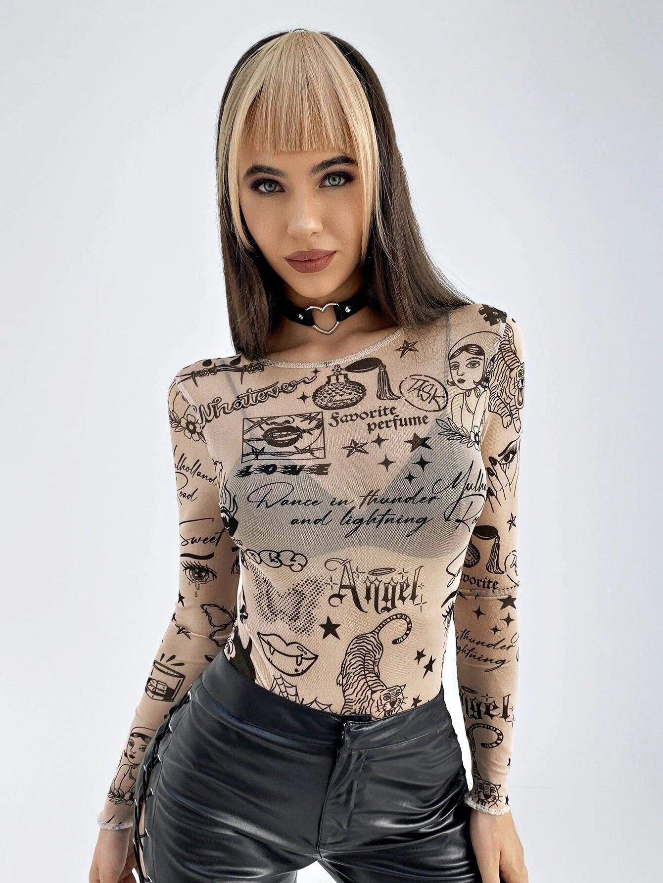 Letter And Figure Print Mesh Bodysuit-Comfy Jumpsuits