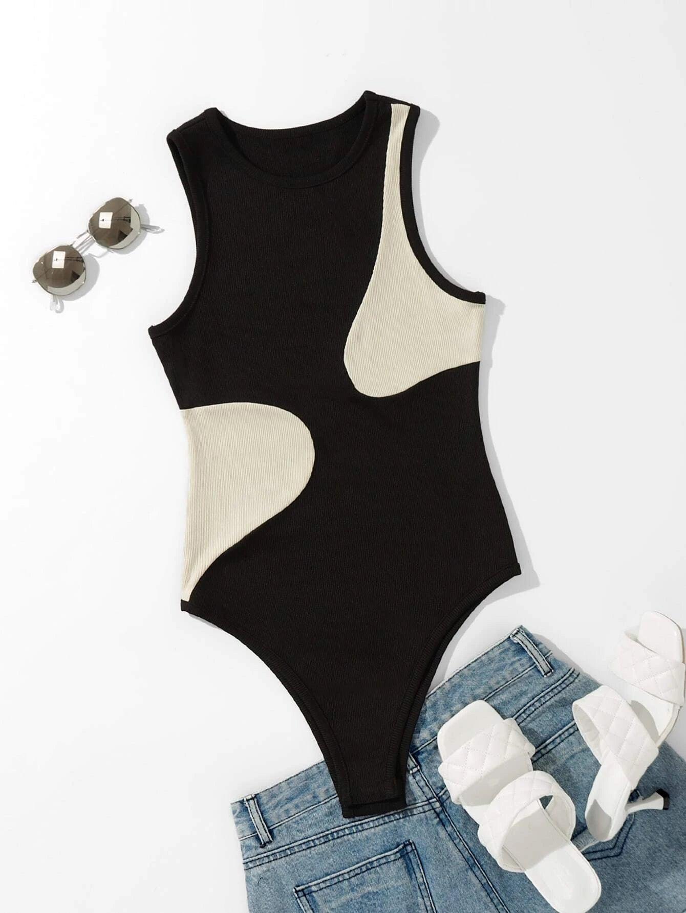 Ribbed Knit Two Tone Bodysuit-Comfy Jumpsuits