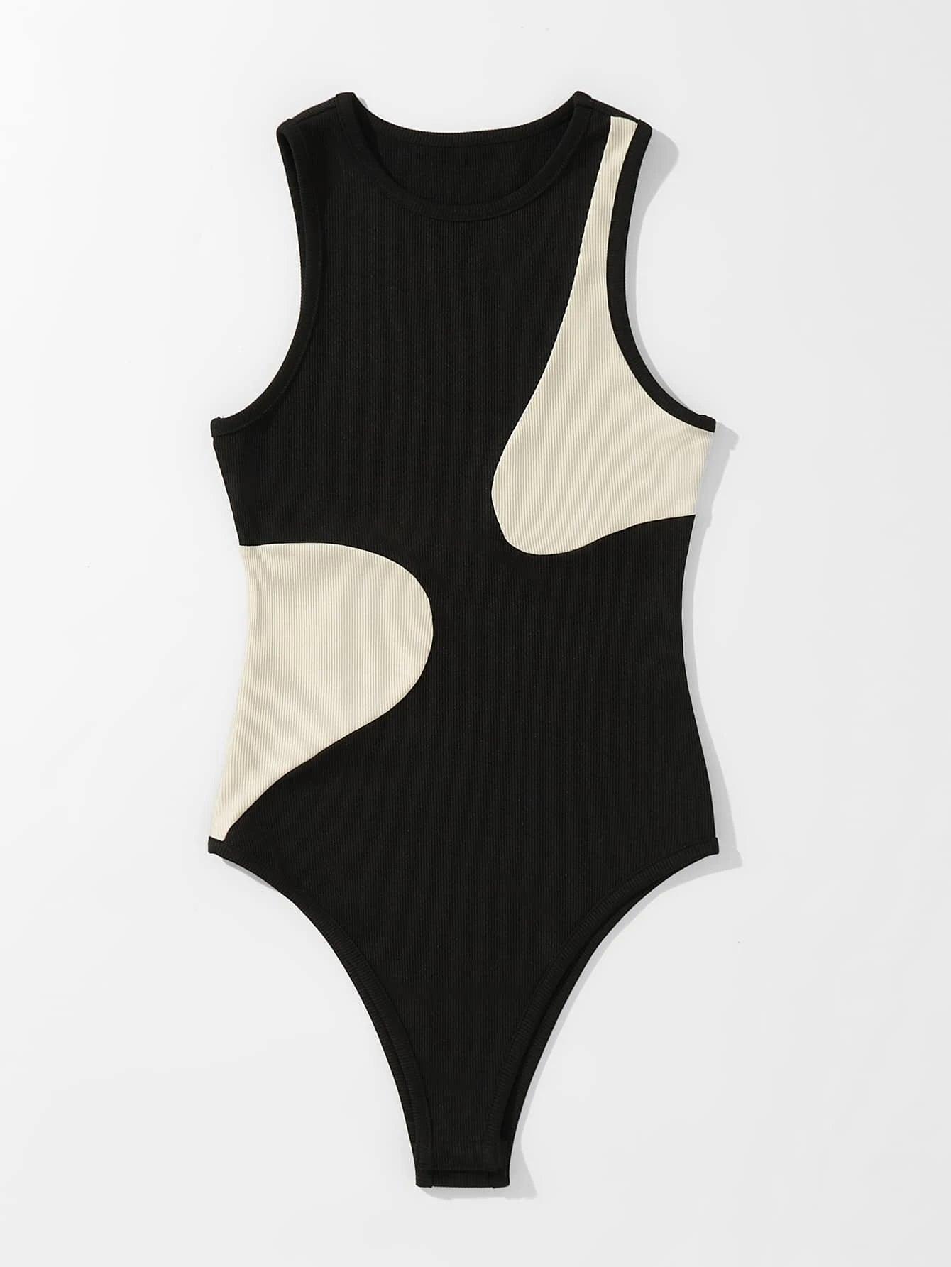 Ribbed Knit Two Tone Bodysuit-Comfy Jumpsuits