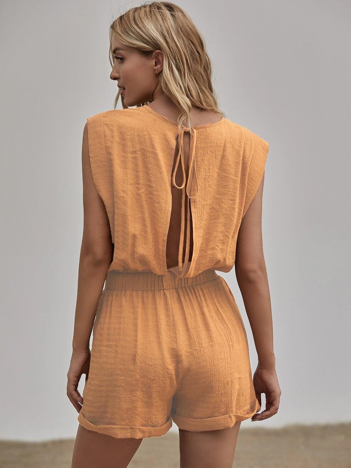 Neck Tie Back Roll Hem Romper-Comfy Jumpsuits
