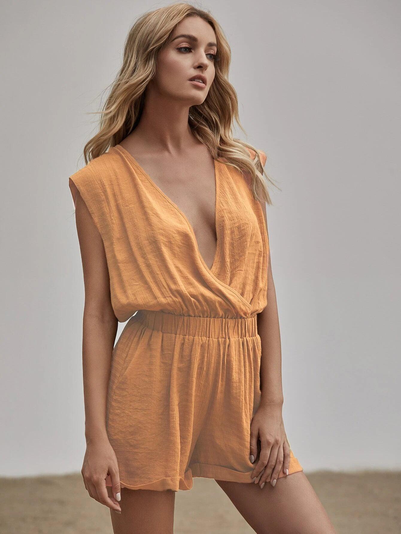 Neck Tie Back Roll Hem Romper-Comfy Jumpsuits