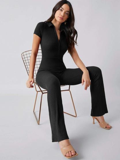 Button Front Rib-knit Solid Jumpsuit-Comfy Jumpsuits