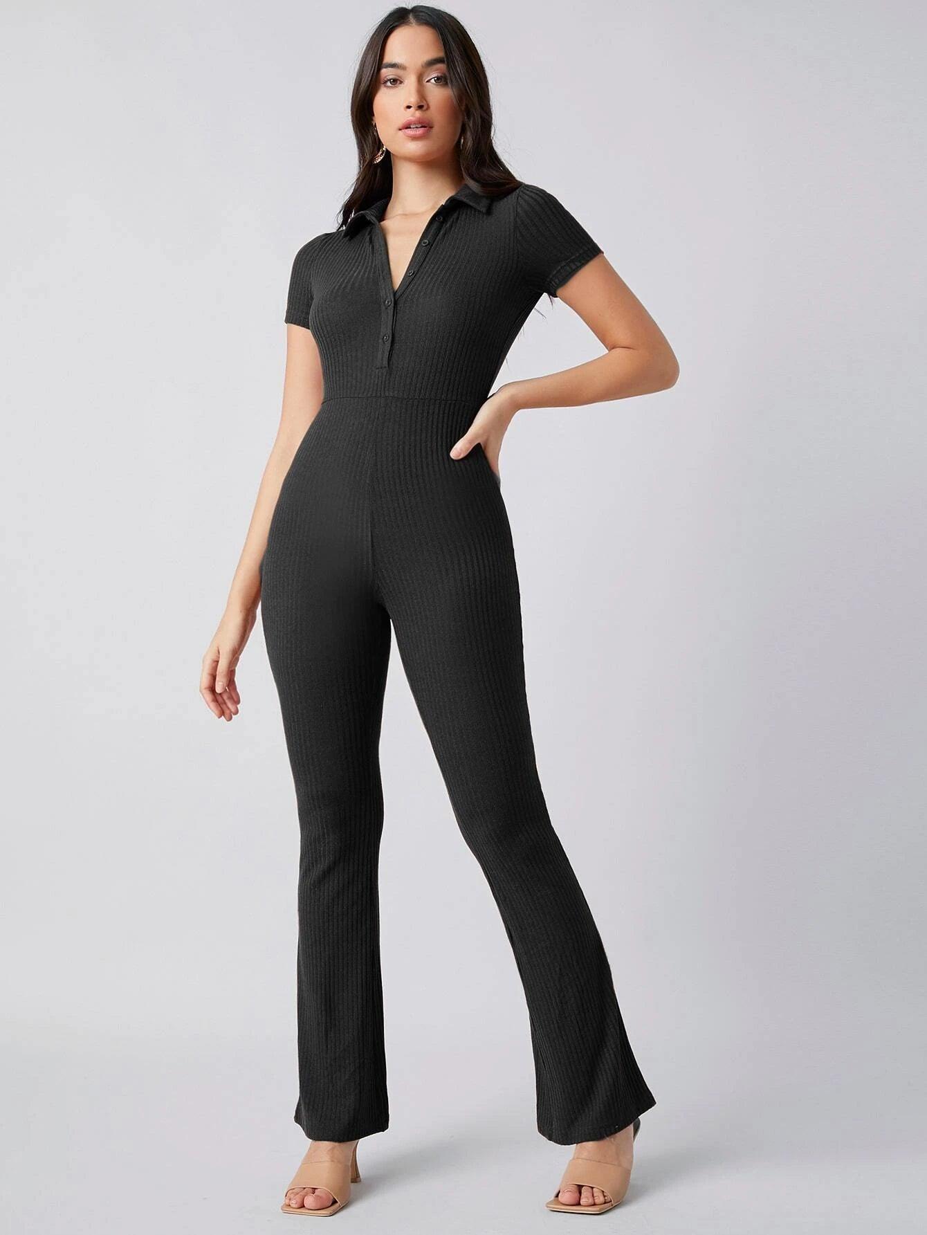 Button Front Rib-knit Solid Jumpsuit-Comfy Jumpsuits