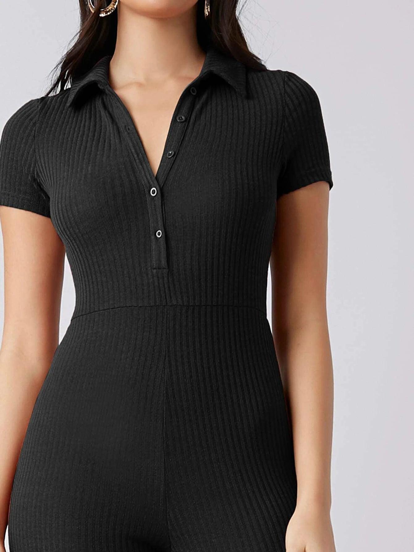 Button Front Rib-knit Solid Jumpsuit-Comfy Jumpsuits