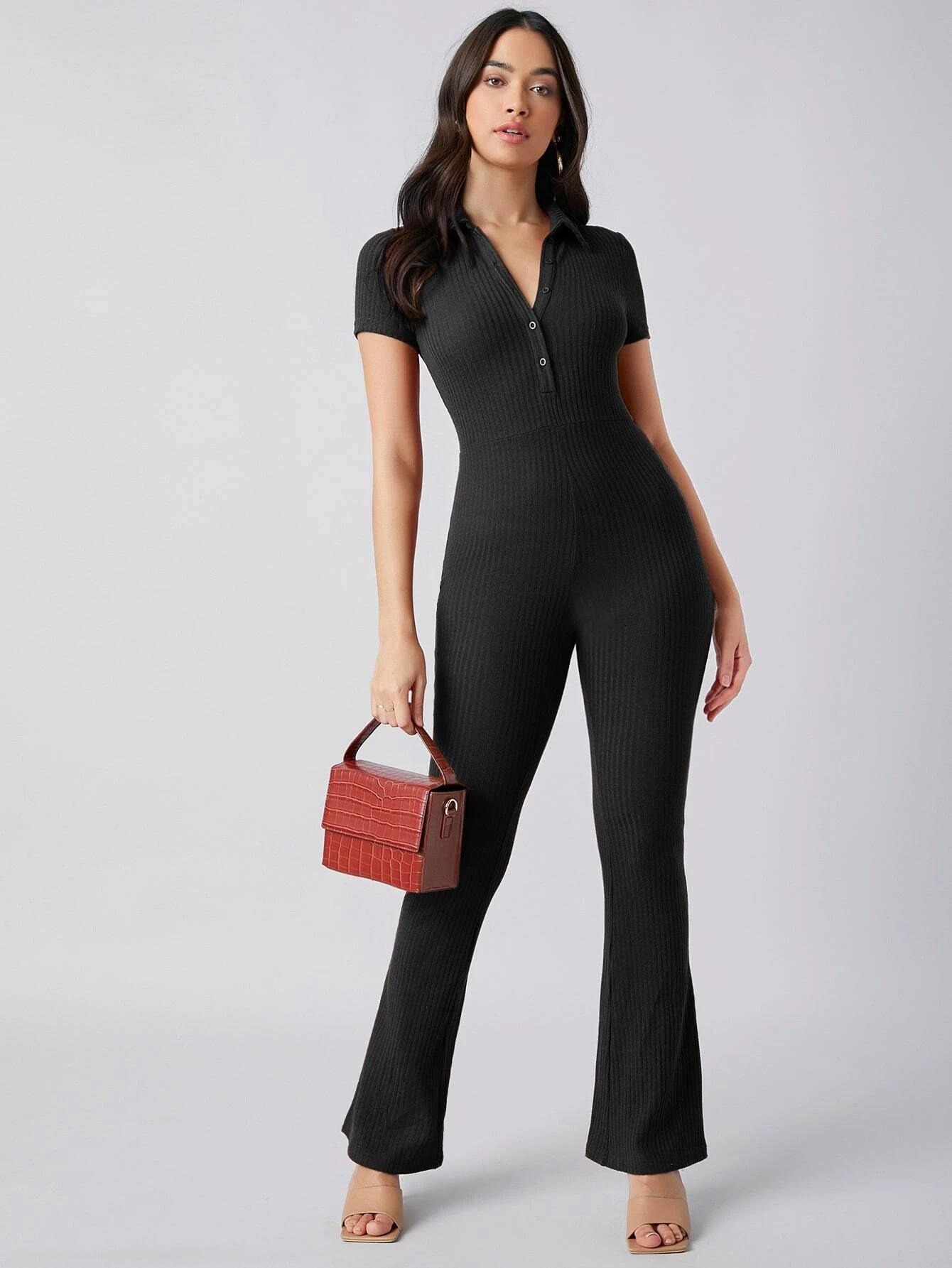 Button Front Rib-knit Solid Jumpsuit-Comfy Jumpsuits