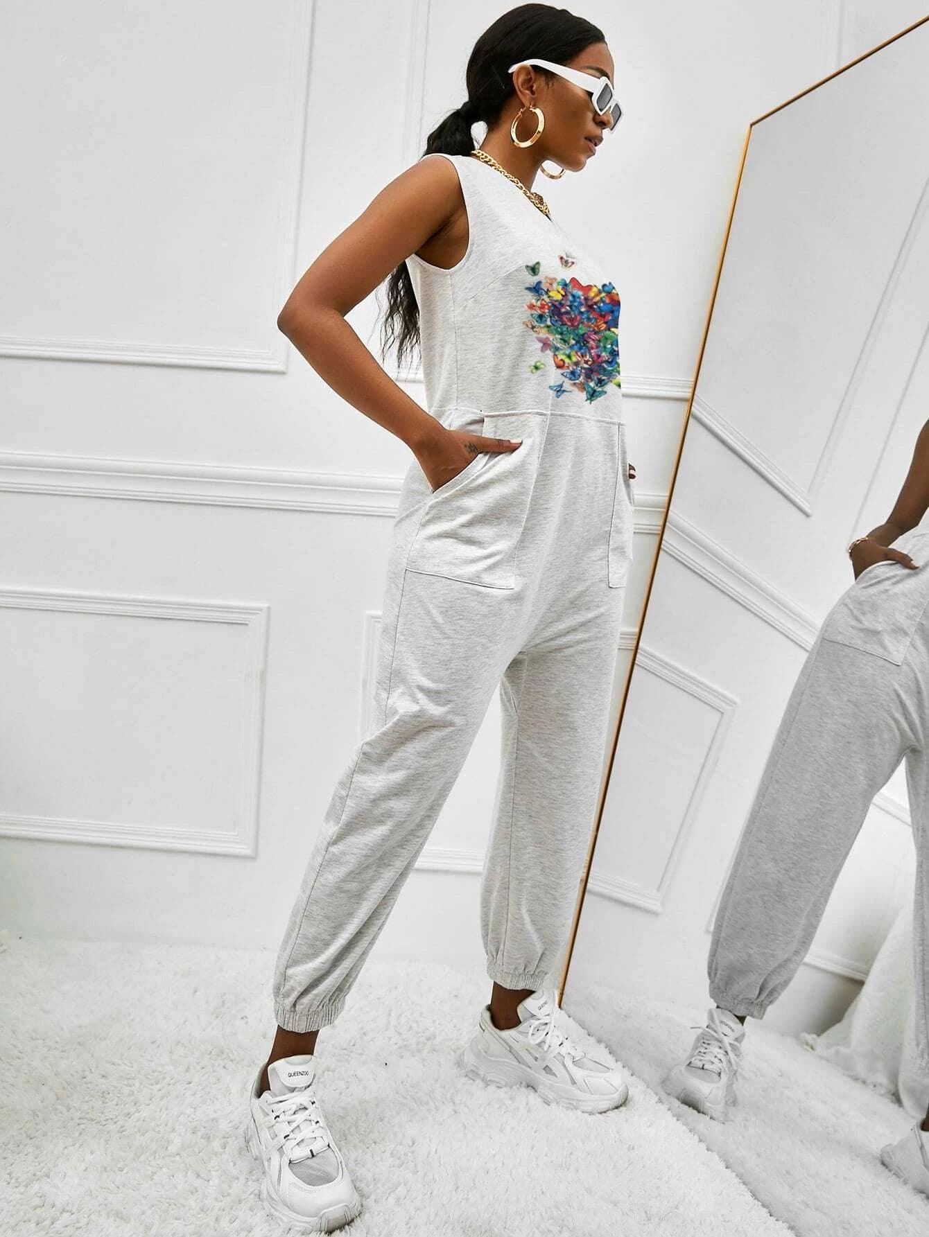 Butterfly Print Slant Pockets Tank Jumpsuit-Comfy Jumpsuits