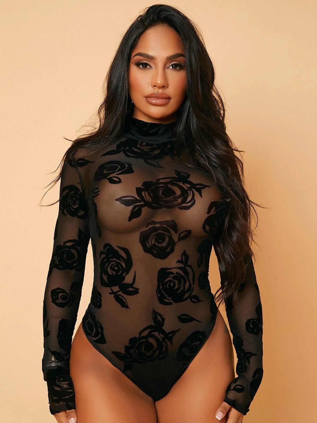 Mock Neck Flocked Mesh Bodysuit-Comfy Jumpsuits
