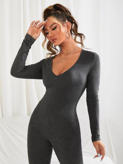 V-Neck Solid Form Fitted Jumpsuit-Comfy Jumpsuits