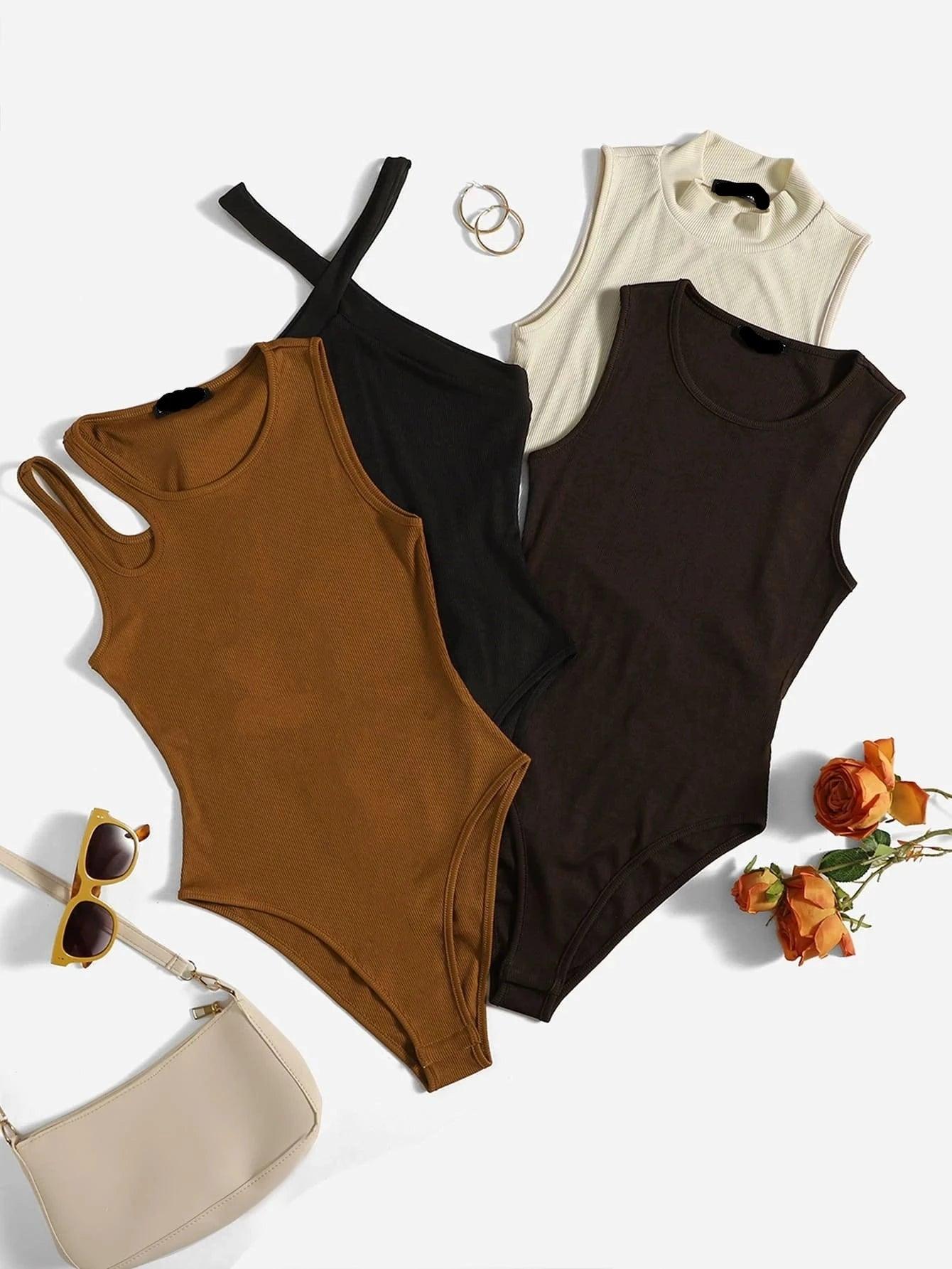 4 Piece Plain Round Neck Bodysuit-Comfy Jumpsuits