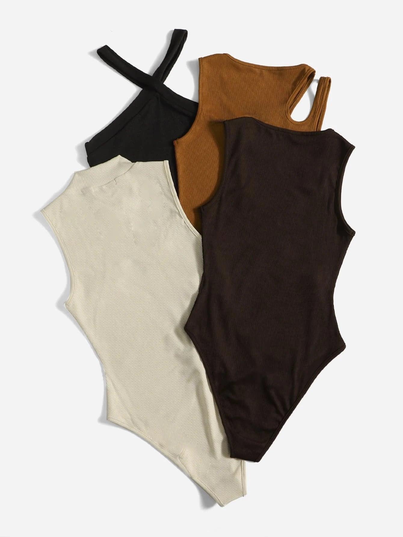 4 Piece Plain Round Neck Bodysuit-Comfy Jumpsuits