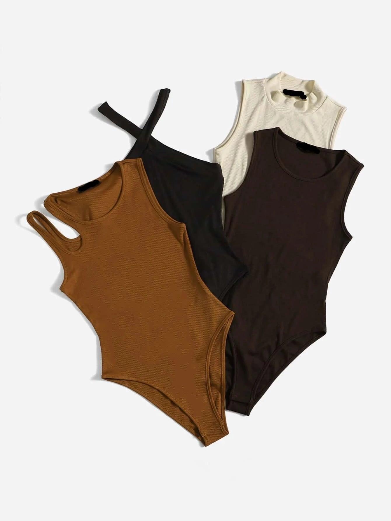 4 Piece Plain Round Neck Bodysuit-Comfy Jumpsuits