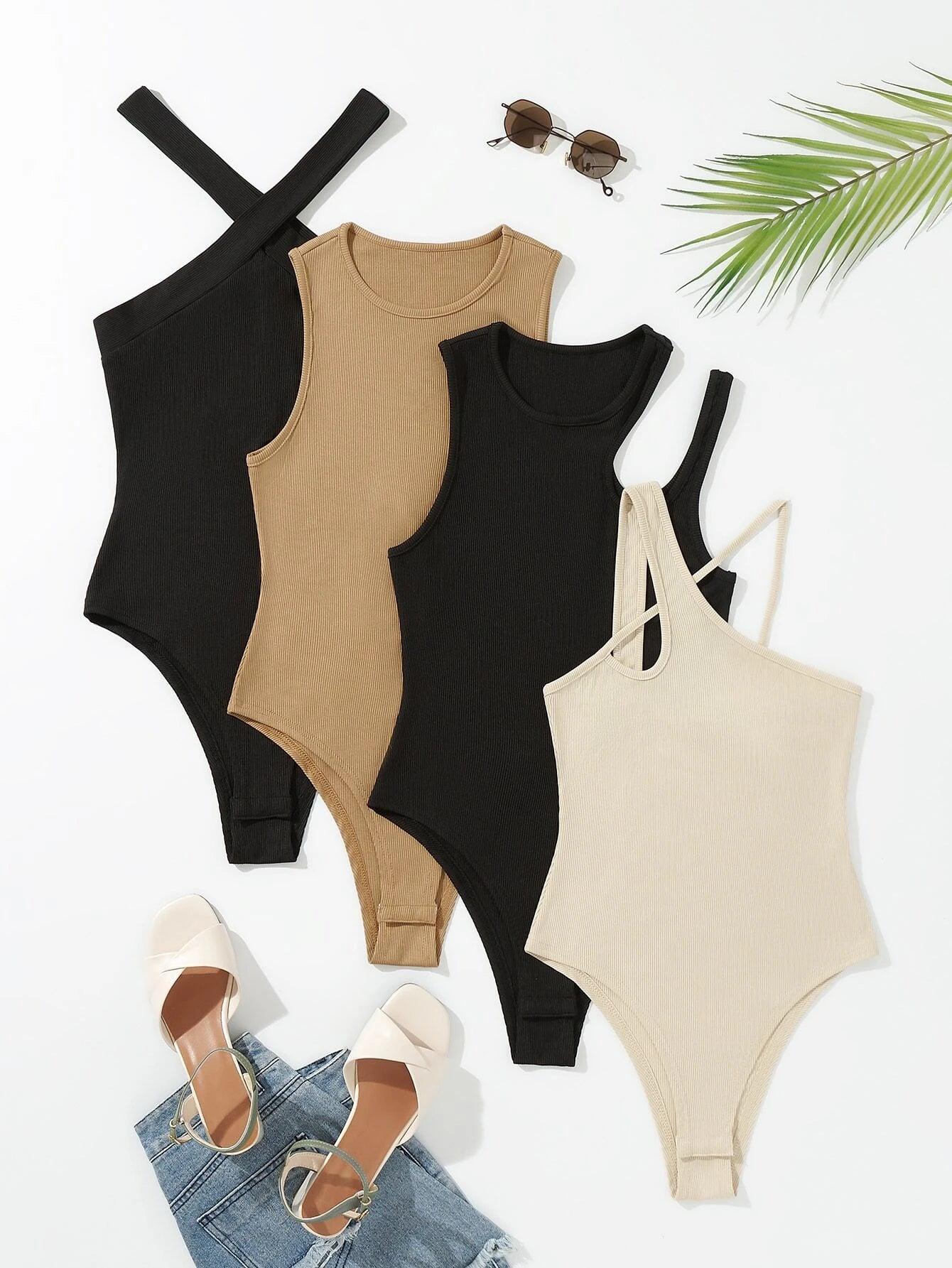 4 Pieces Asymmetrical Neck Cut Out Bodysuit-Comfy Jumpsuits