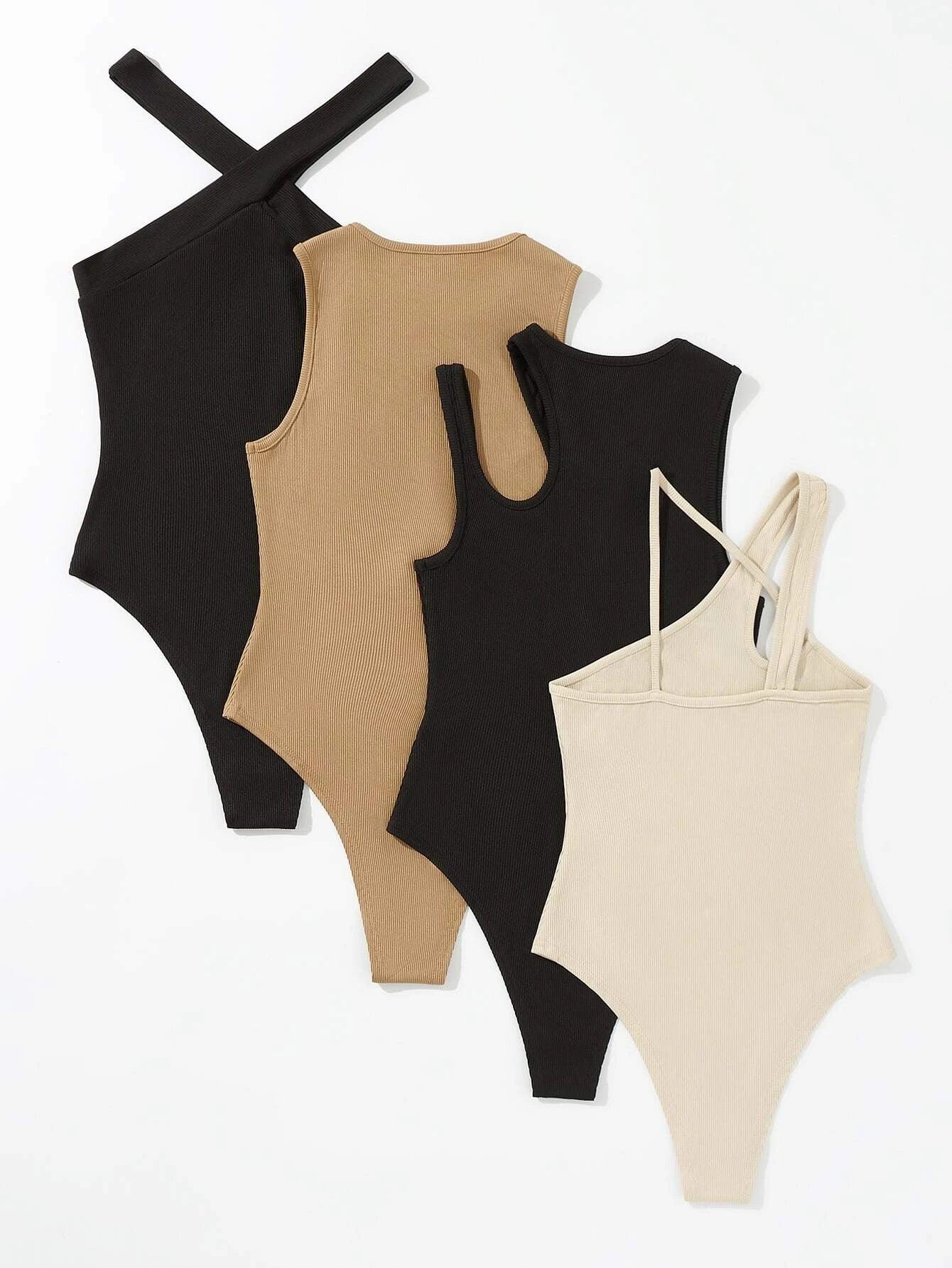 4 Pieces Asymmetrical Neck Cut Out Bodysuit-Comfy Jumpsuits