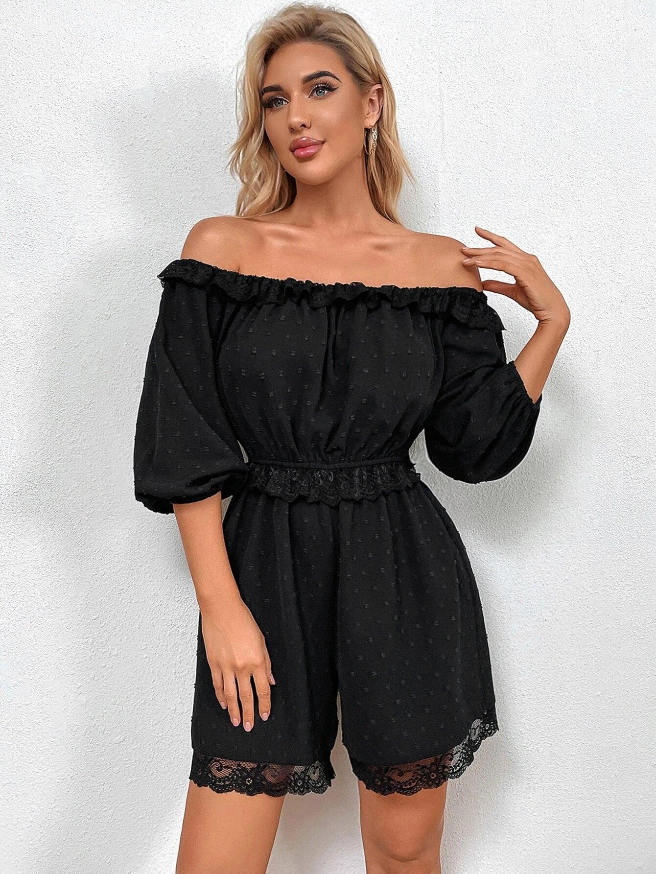 Off Shoulder Lettuce Trim Contrast Lace Jumpsuit-Comfy Jumpsuits