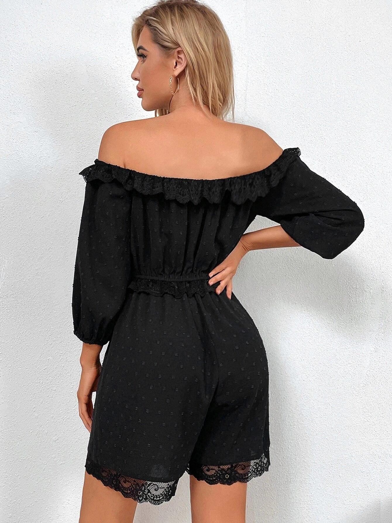 Off Shoulder Lettuce Trim Contrast Lace Jumpsuit-Comfy Jumpsuits