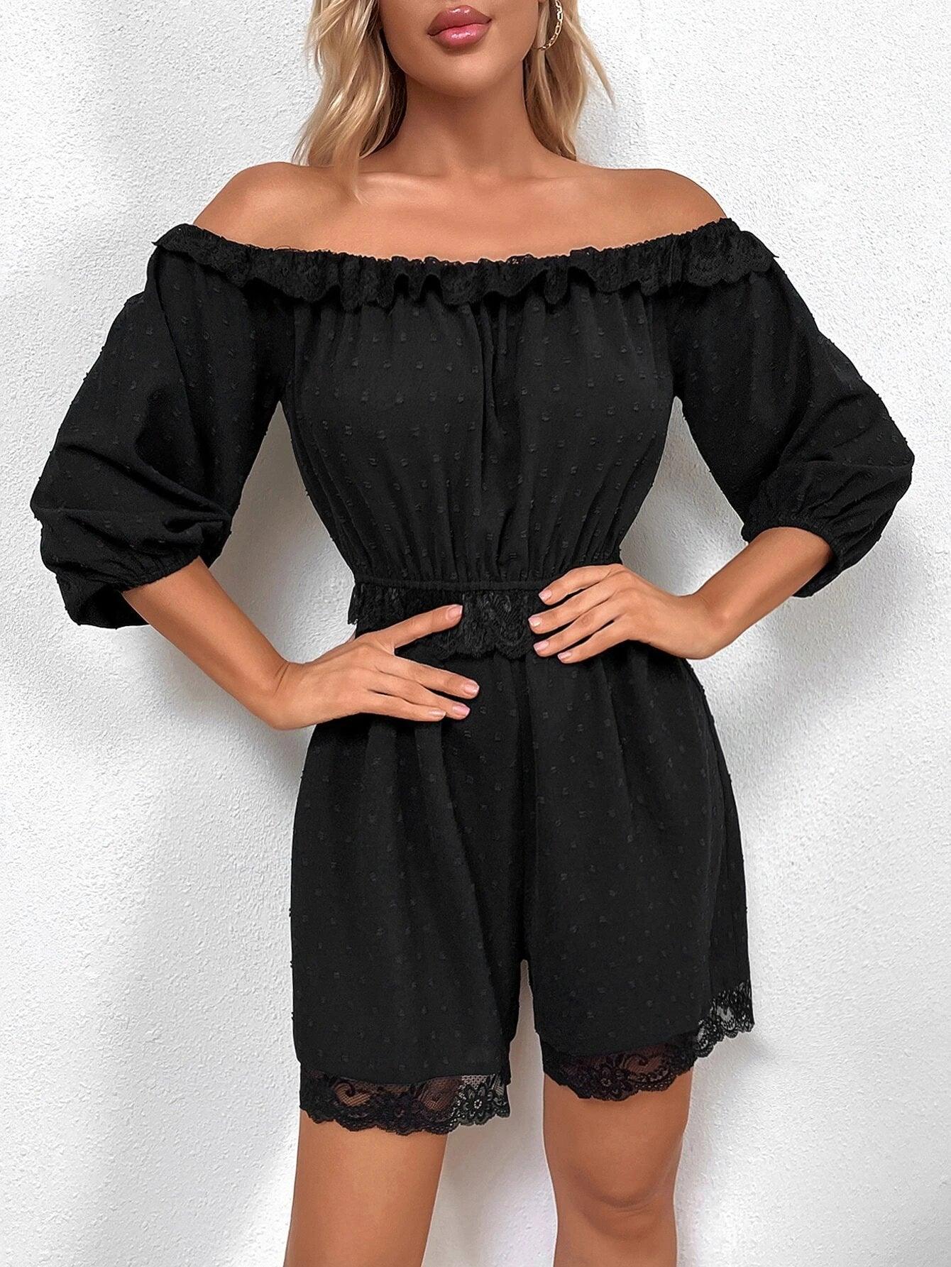 Off Shoulder Lettuce Trim Contrast Lace Jumpsuit-Comfy Jumpsuits