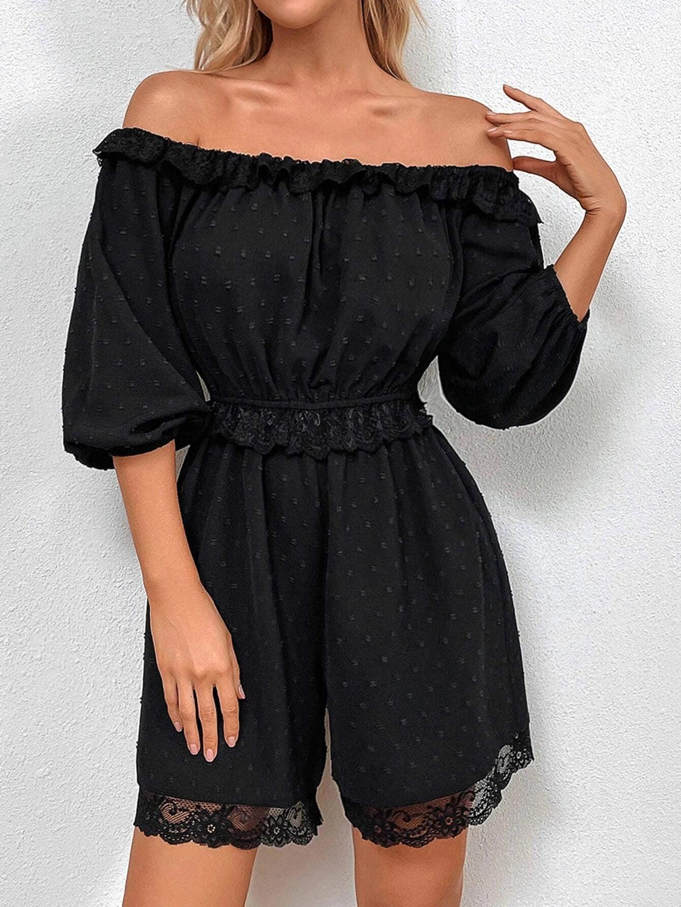 Off Shoulder Lettuce Trim Contrast Lace Jumpsuit-Comfy Jumpsuits