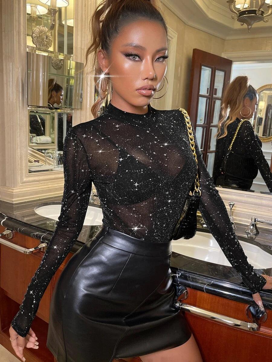 Mock Neck Mesh Bodysuit-Comfy Jumpsuits