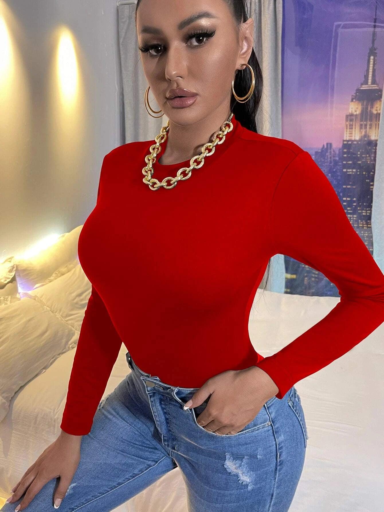 Solid Colored Mock Neck Bodysuit-Comfy Jumpsuits