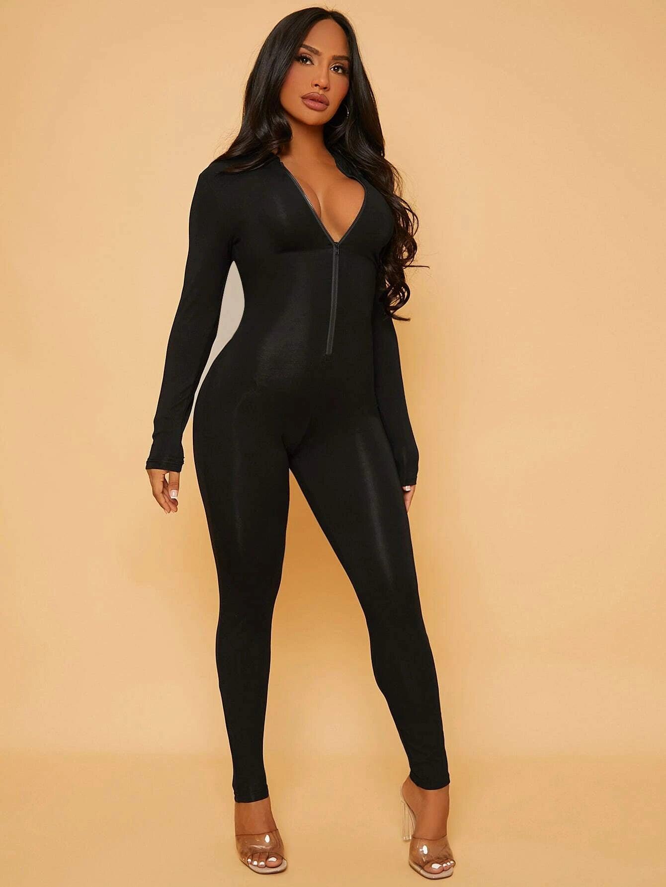 Solid Zipper Front Unitard Jumpsuit-Comfy Jumpsuits