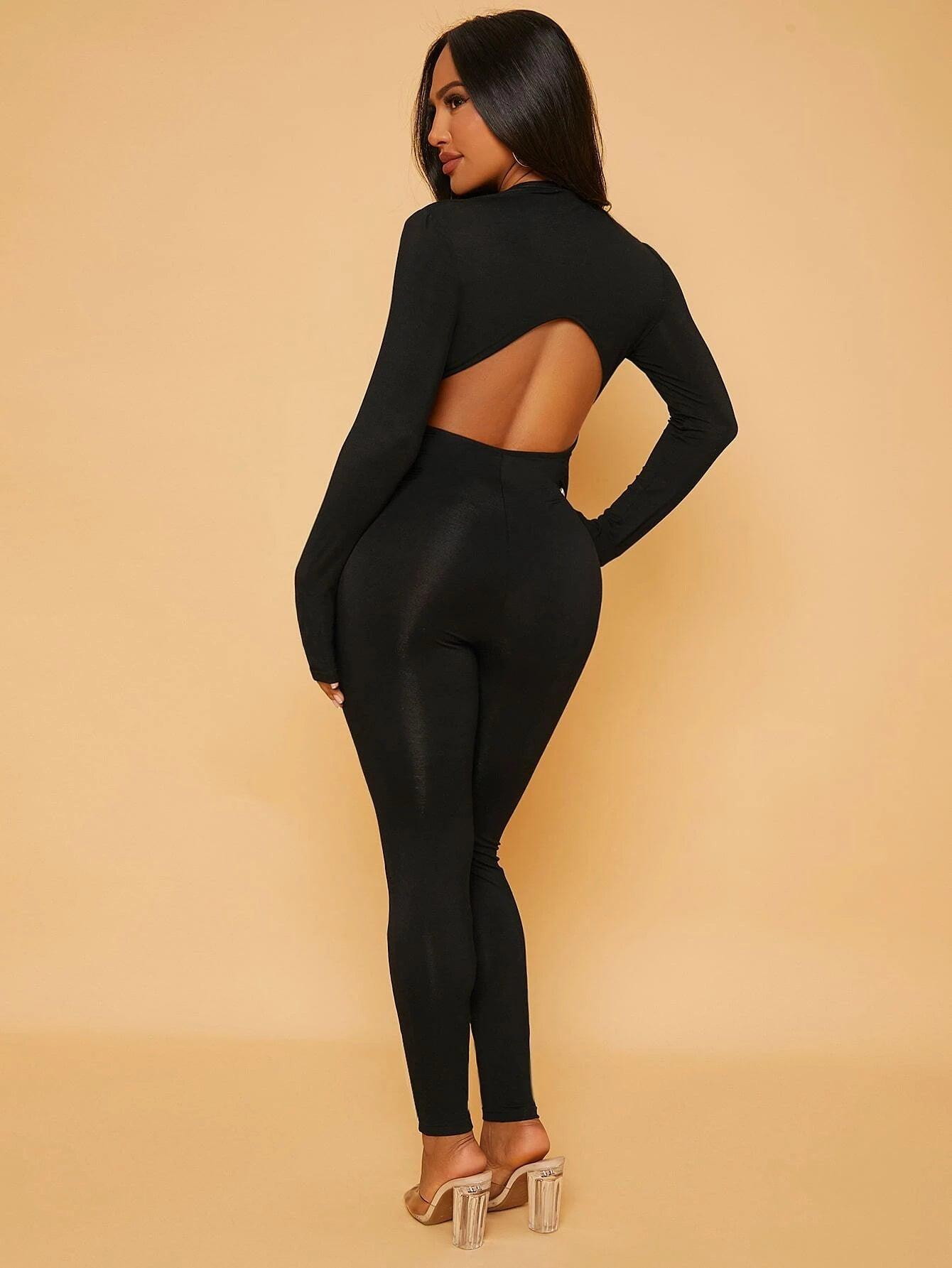 Solid Zipper Front Unitard Jumpsuit-Comfy Jumpsuits