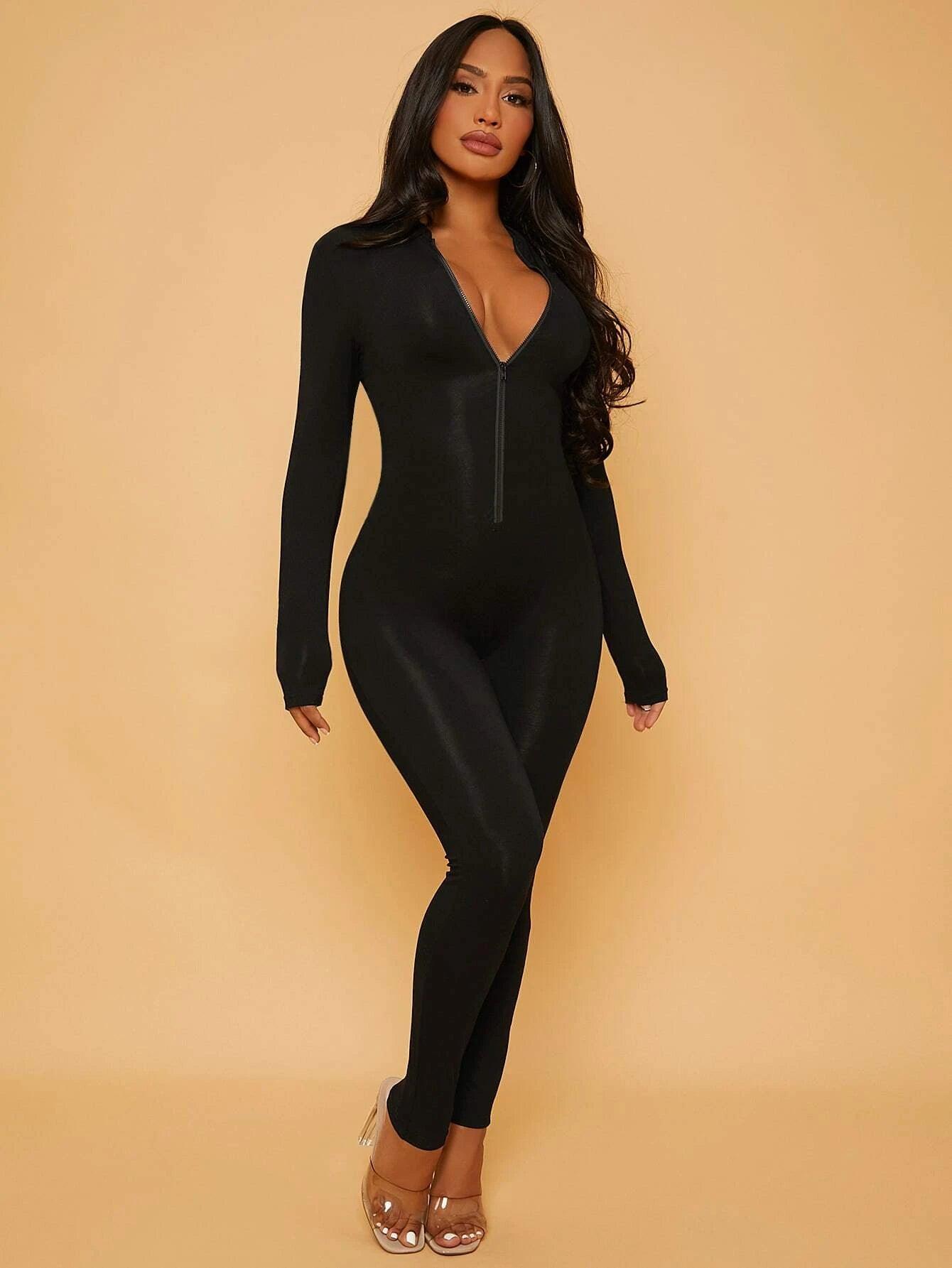 Solid Zipper Front Unitard Jumpsuit-Comfy Jumpsuits