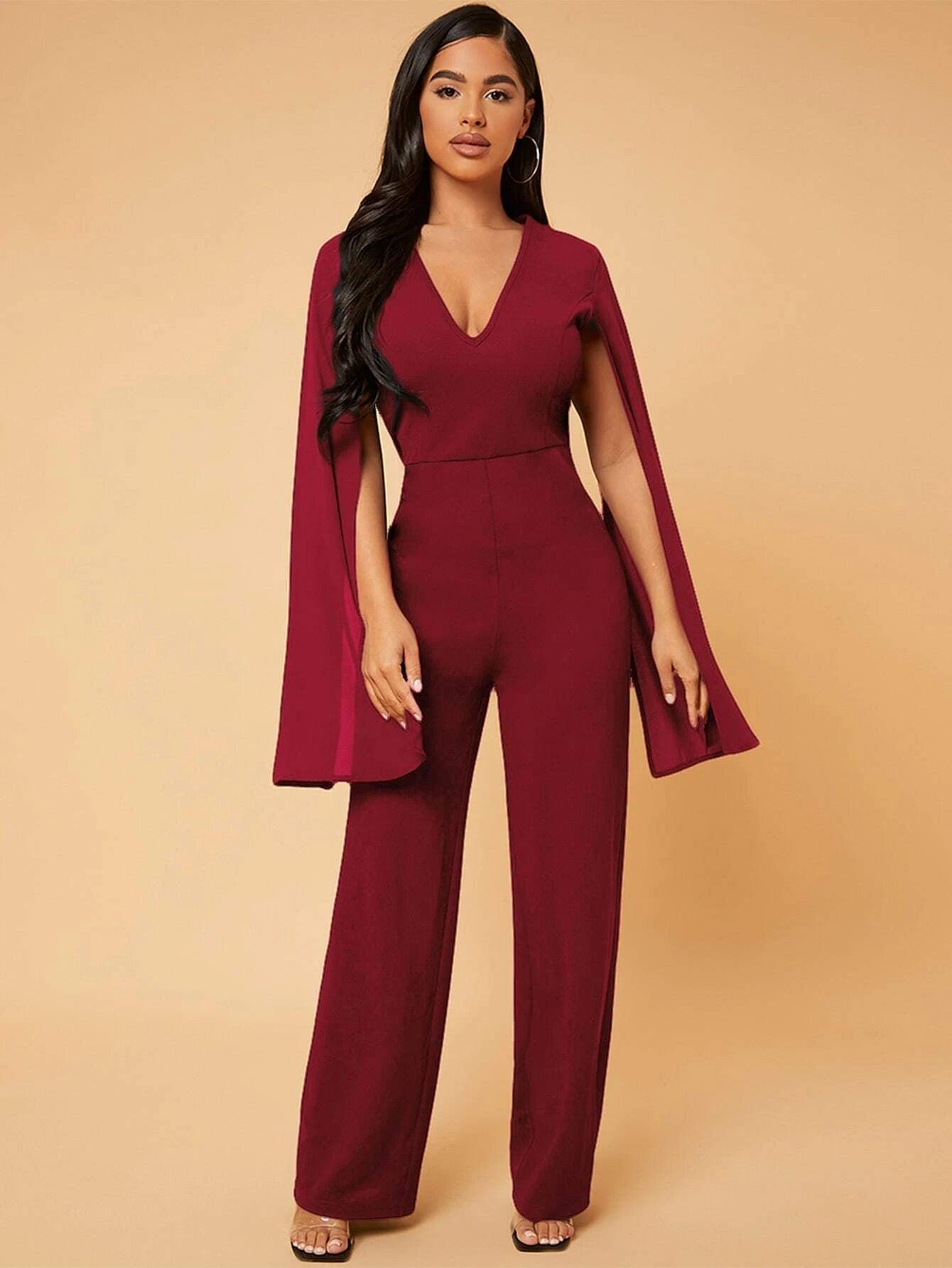 Deep V Neck Split Sleeve Jumpsuit-Comfy Jumpsuits