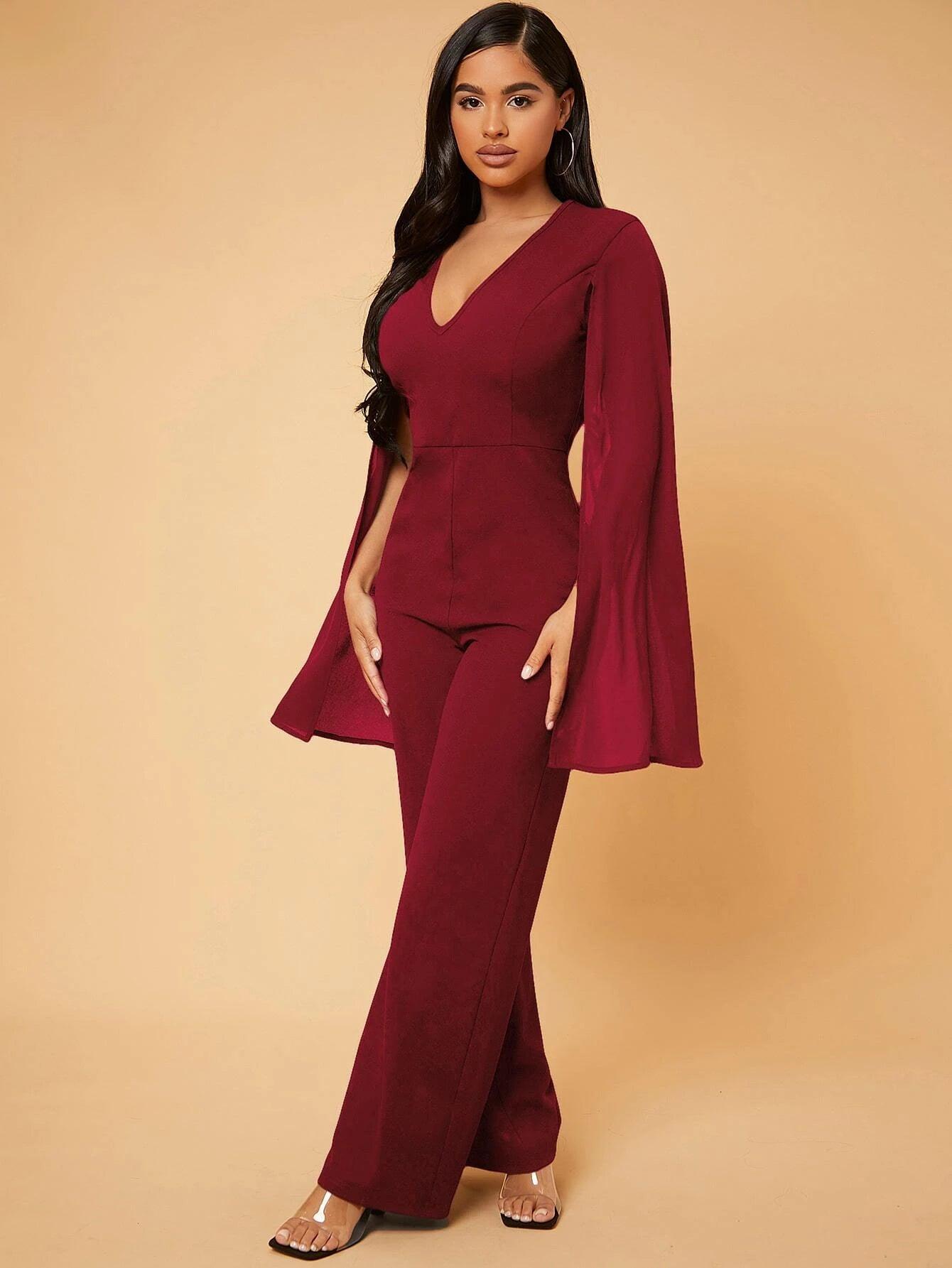 Deep V Neck Split Sleeve Jumpsuit-Comfy Jumpsuits